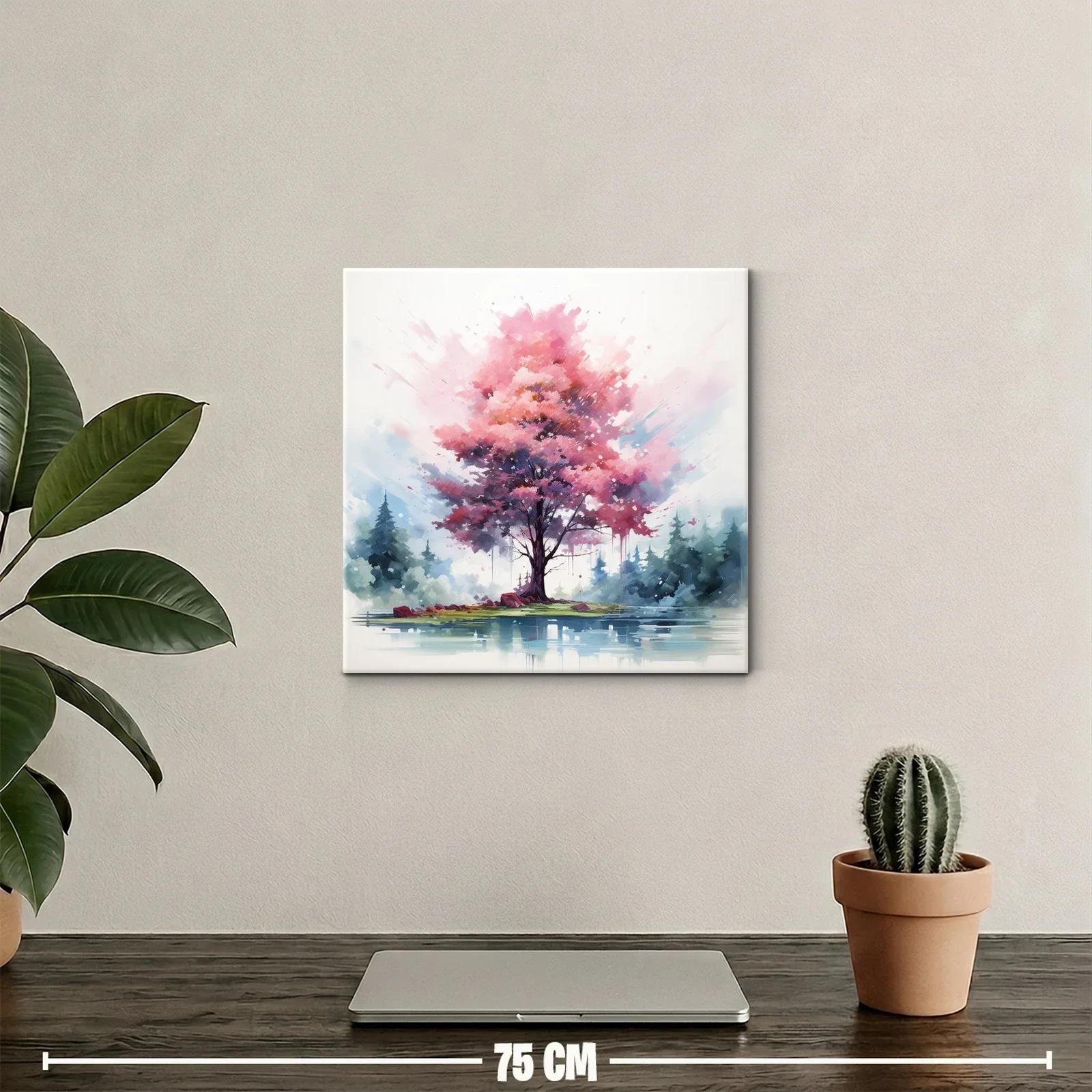 Árbol rosa vibrante junto a lago en paisaje sereno — miniatura 2