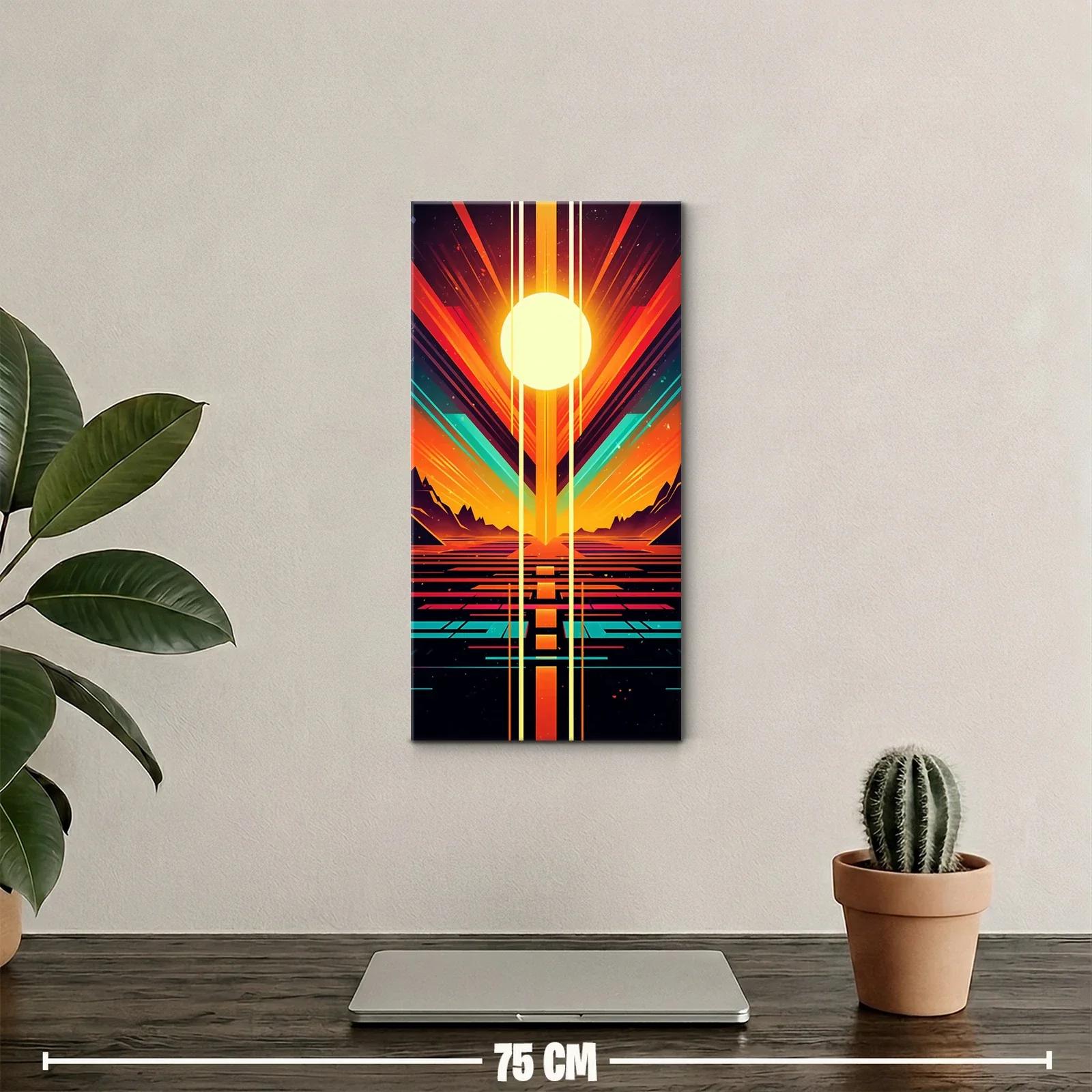 Cuadro sol brillante sobre paisaje montañoso con neón geométrico — miniatura 2