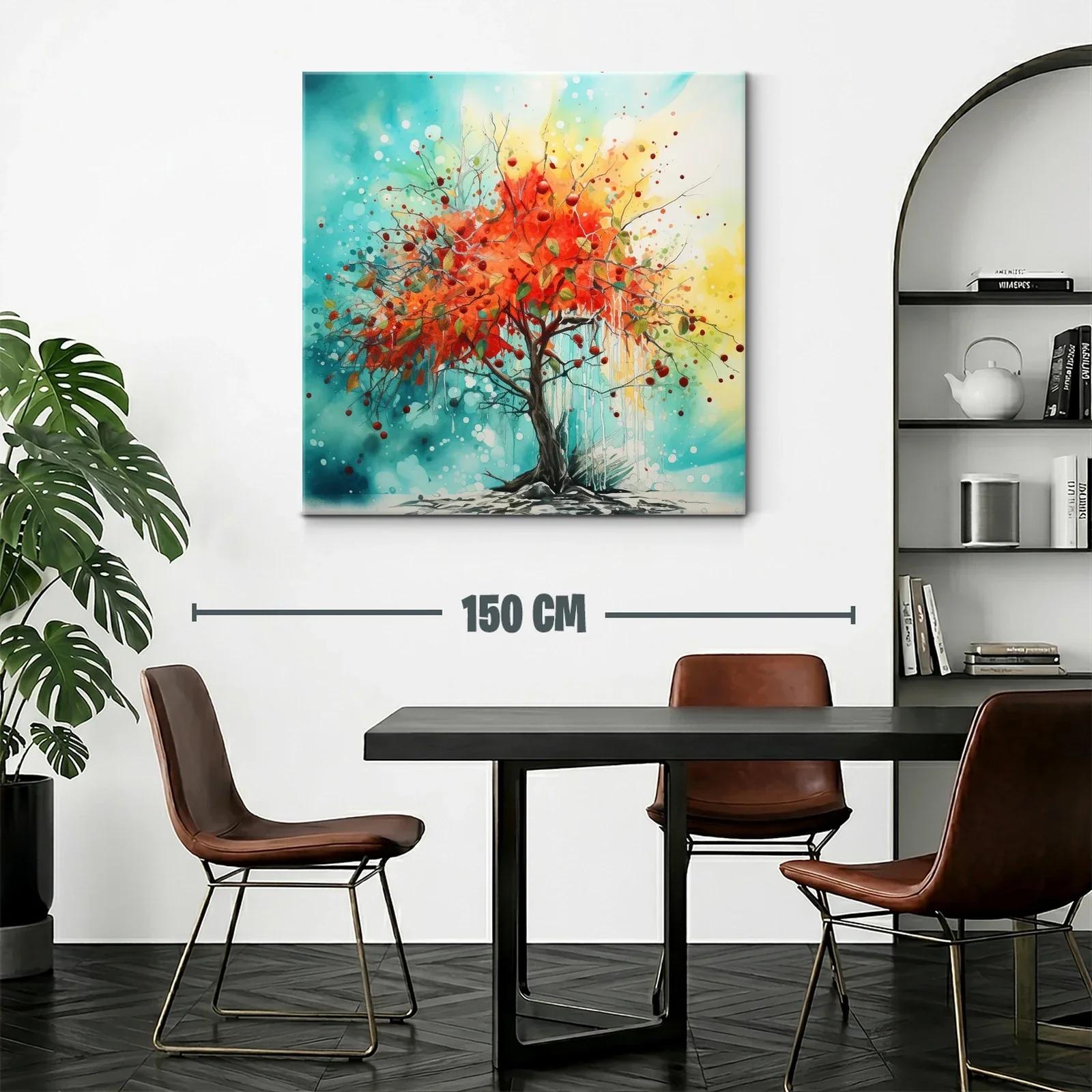 Árbol vibrante con hojas rojas en fondo azul y amarillo — miniatura 2