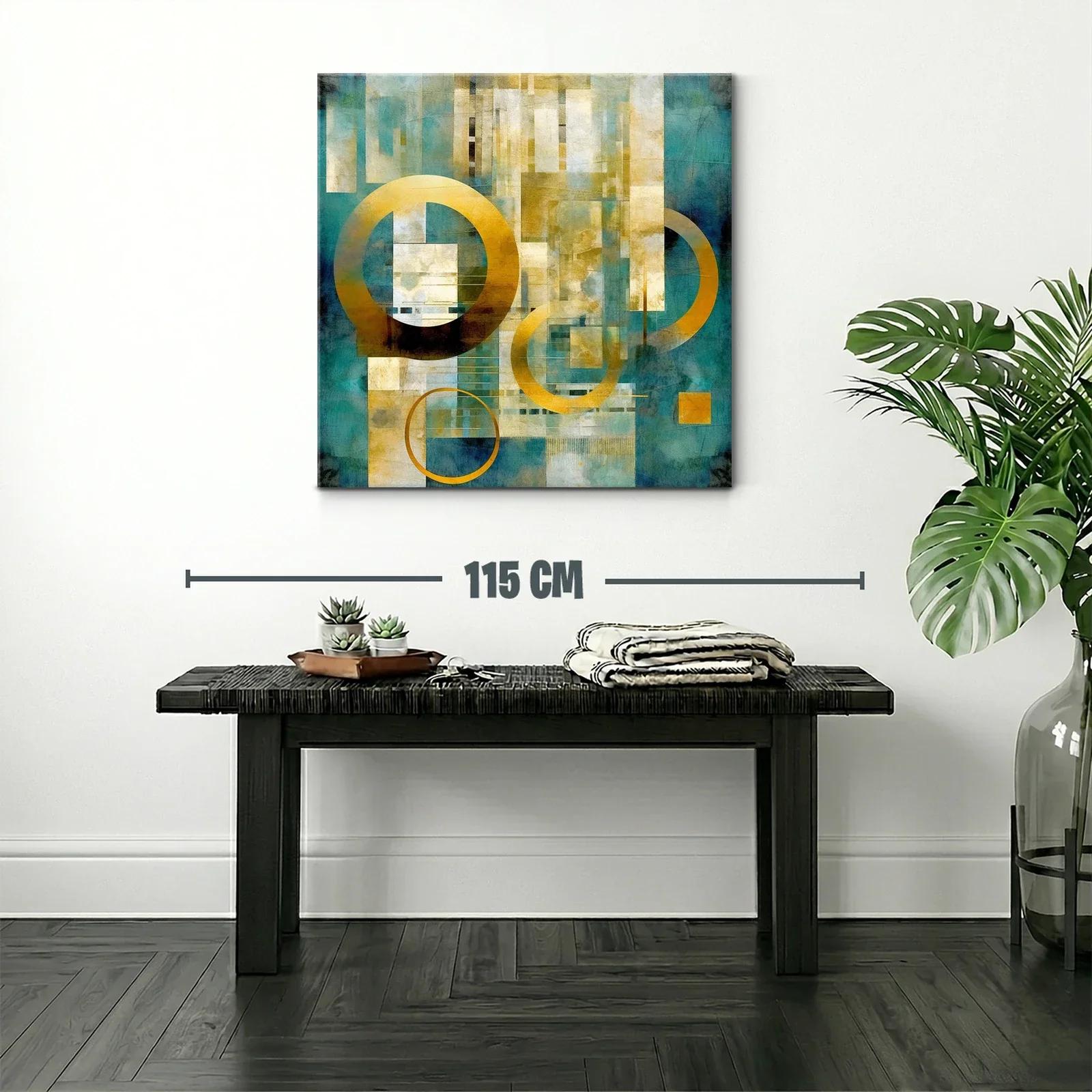 Cuadro abstracto moderno en tonos dorados y turquesa — miniatura 2