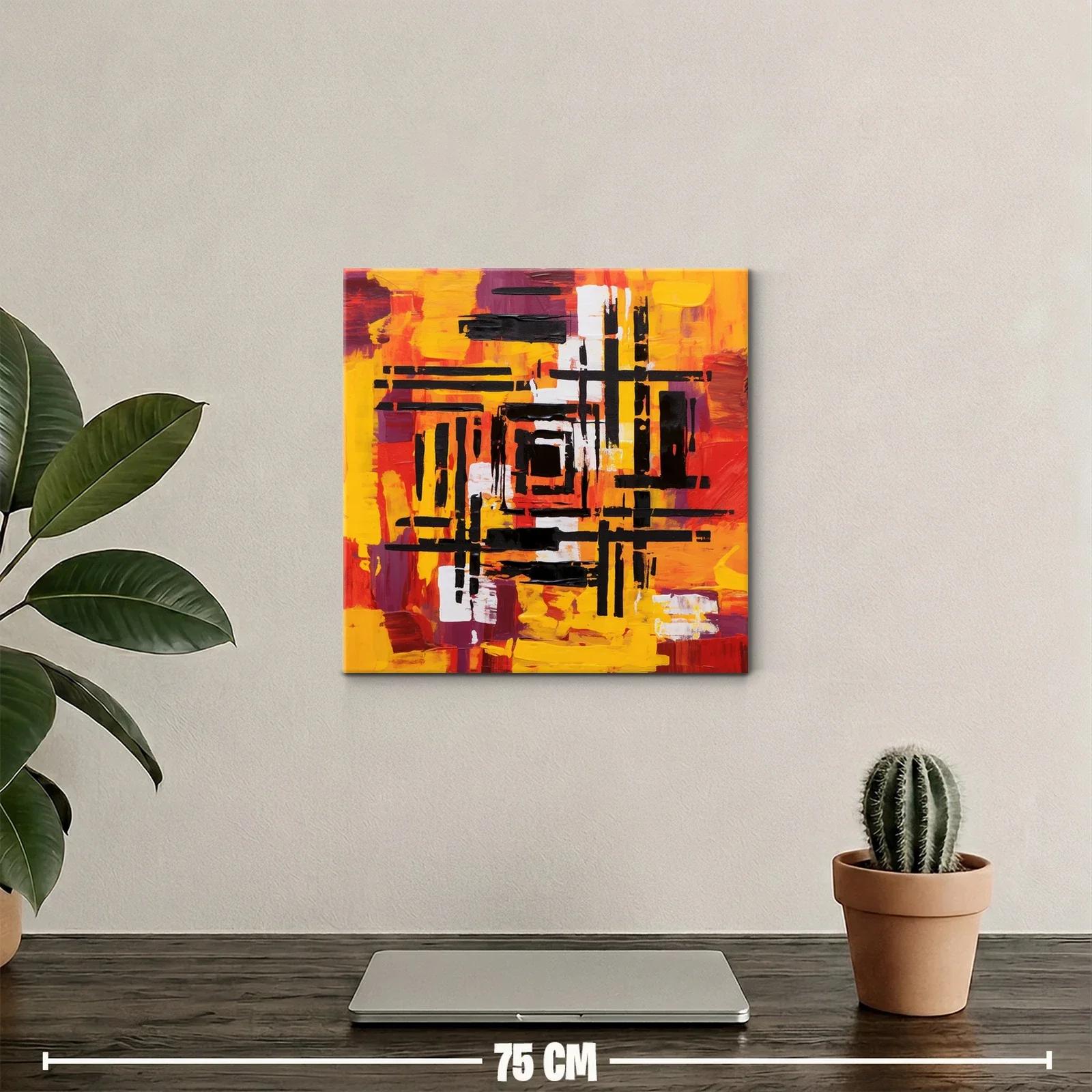 Cuadro abstracto con vibrantes tonos cálidos y motivos geométricos — miniatura 2