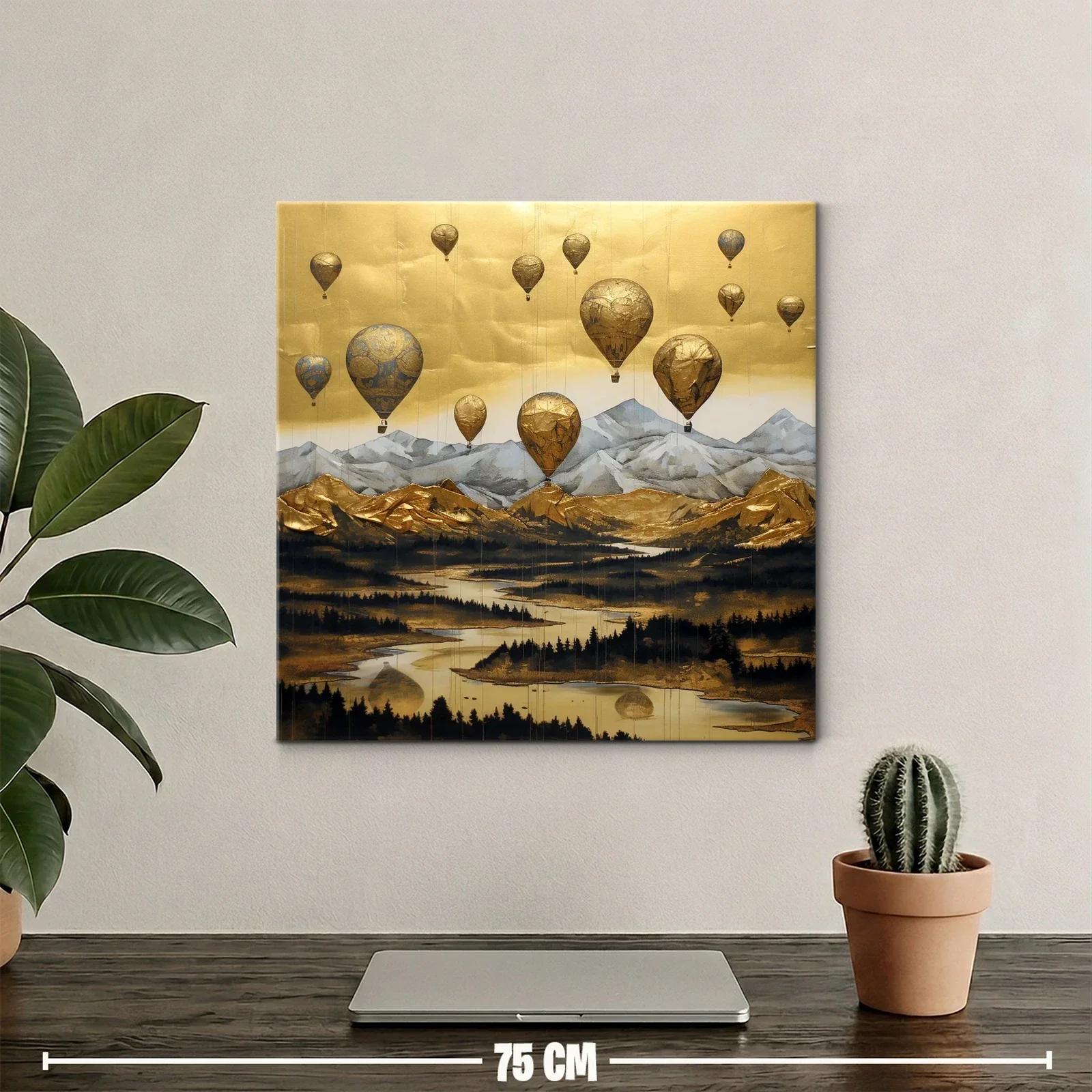 Paisaje dorado con globos aerostáticos sobre montañas — miniatura 2