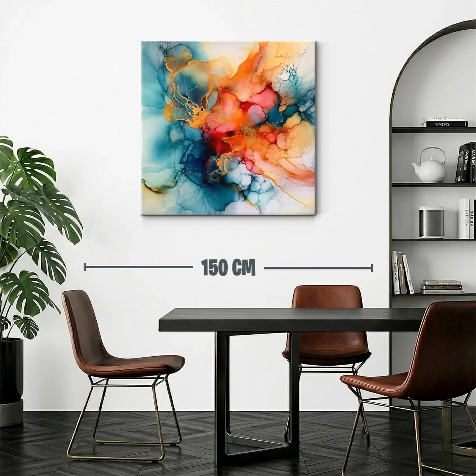Cuadro abstracto con fluidez en tonos cálidos y azules — miniatura 2
