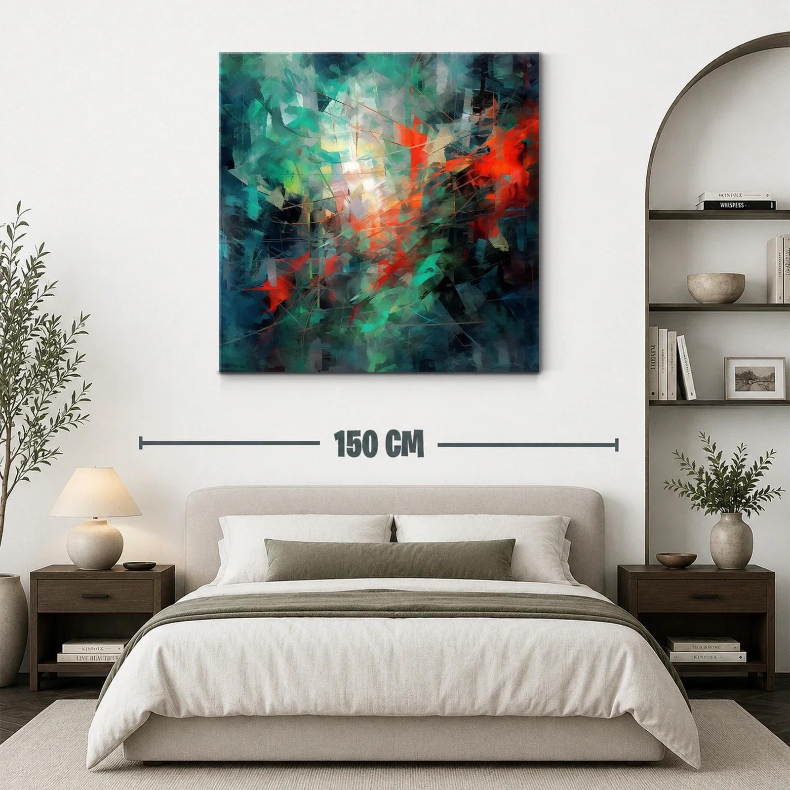 Cuadro abstracto con vibrantes toques en tonos verdes y rojos — miniatura 3