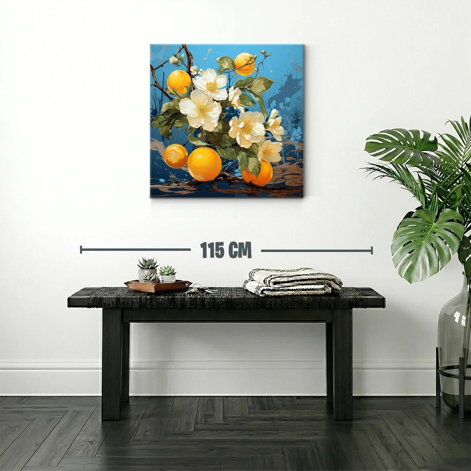 Flores blancas y frutas naranjas en fondo azul vibrante — miniatura 2