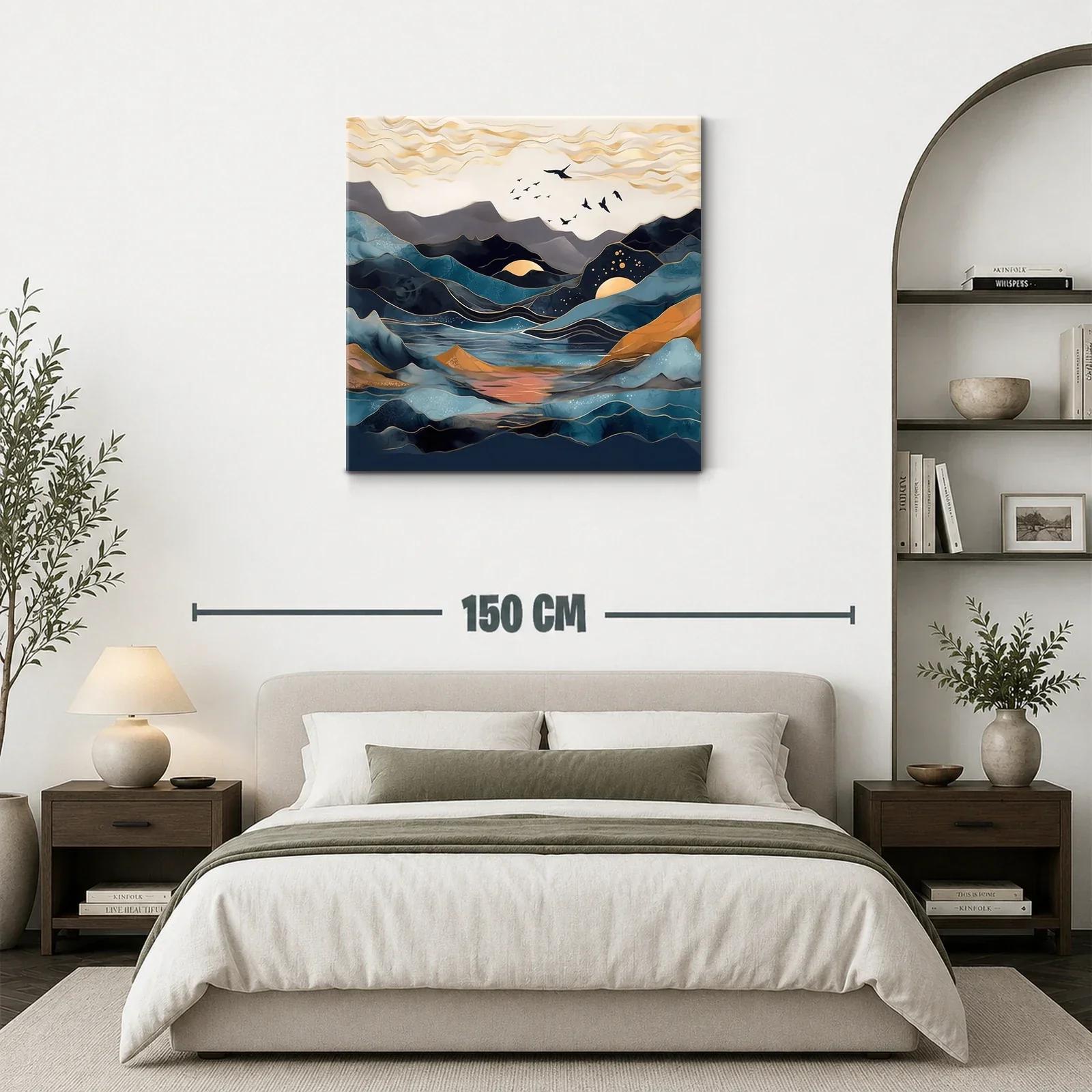 Paisaje abstracto con montañas y aves en tonos azules y dorados — miniatura 3