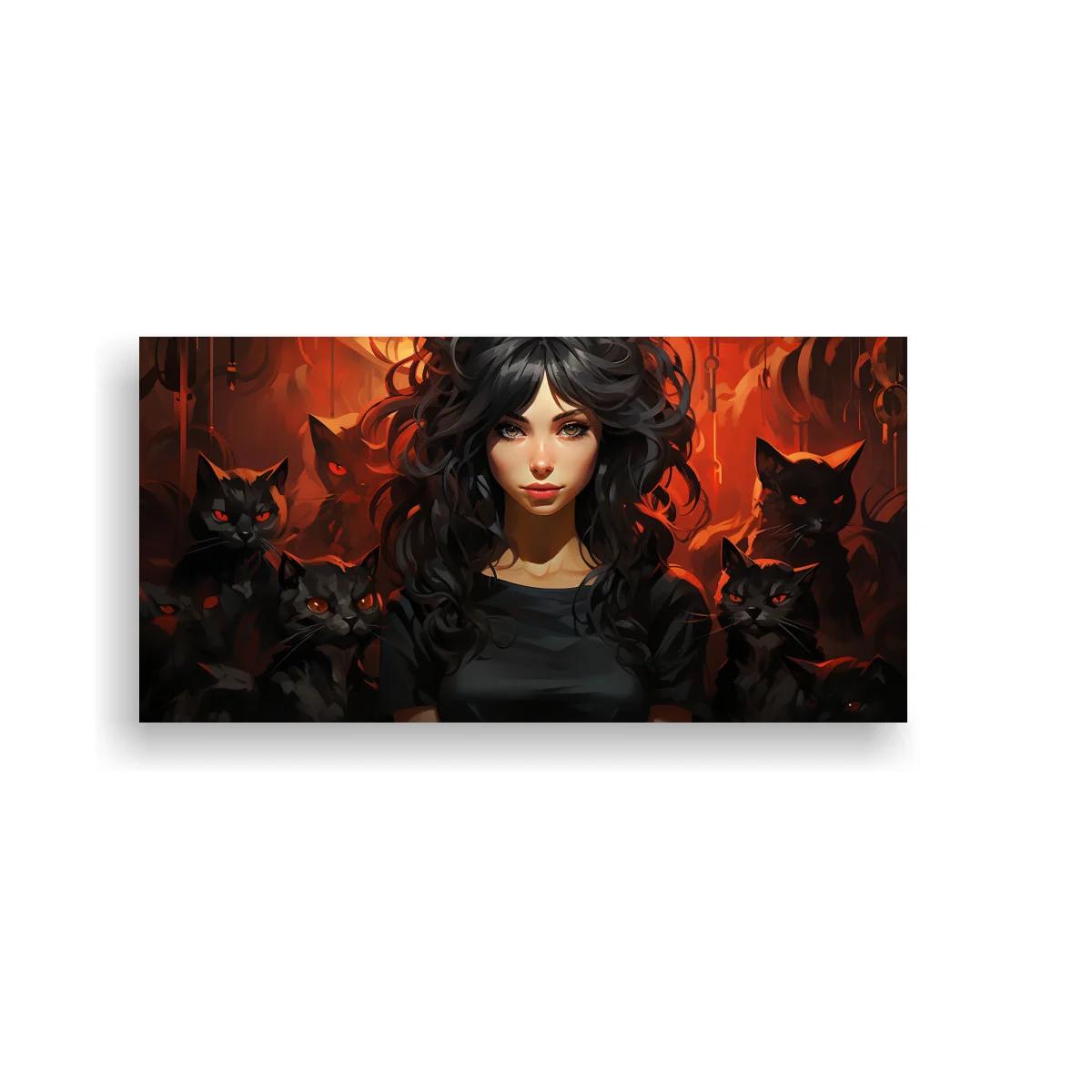 Cuadro mujer de cabello negro rodeada de gatos negros y fondo ardiente — imagen principal
