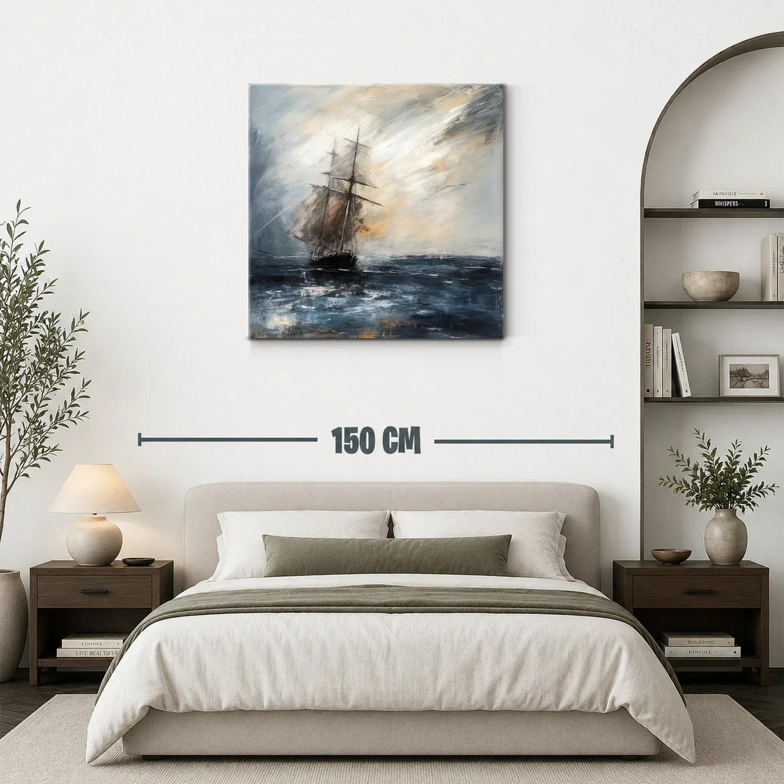 Velero en mar tempestuoso con cielo nublado y luz tenue — miniatura 3