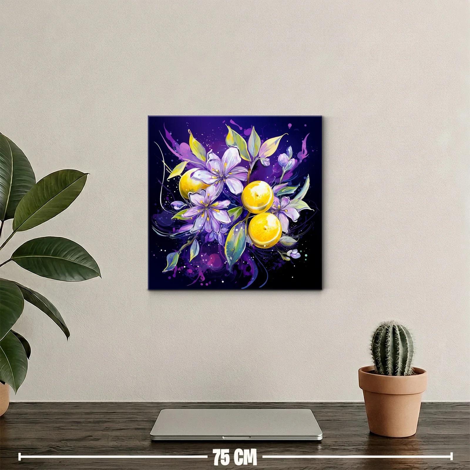 Composición vibrante con flores lilas y frutas amarillas — miniatura 2