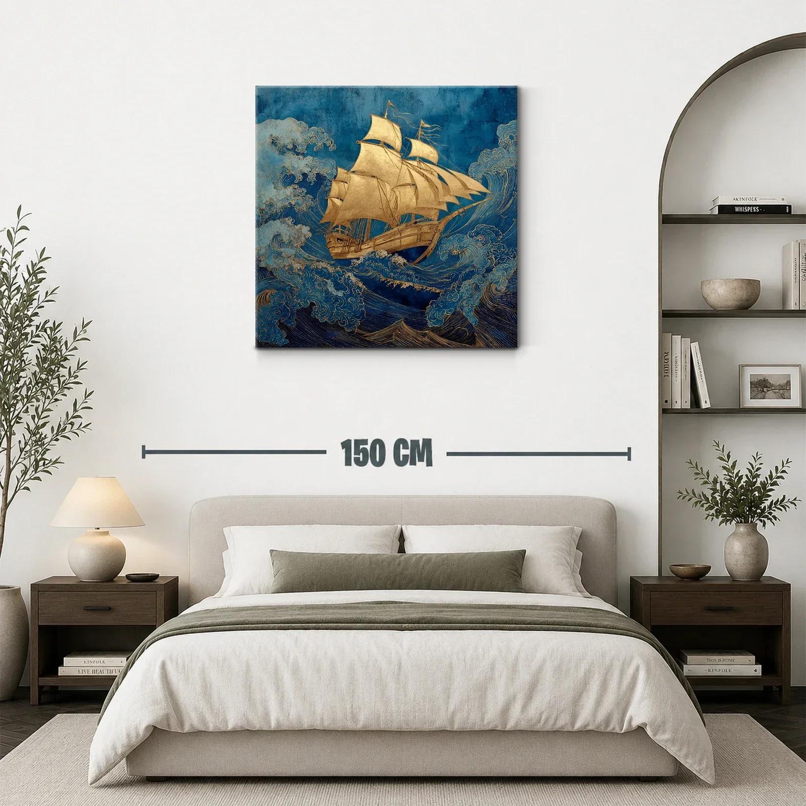 Barco dorado navegando entre olas en tonos azules — miniatura 3