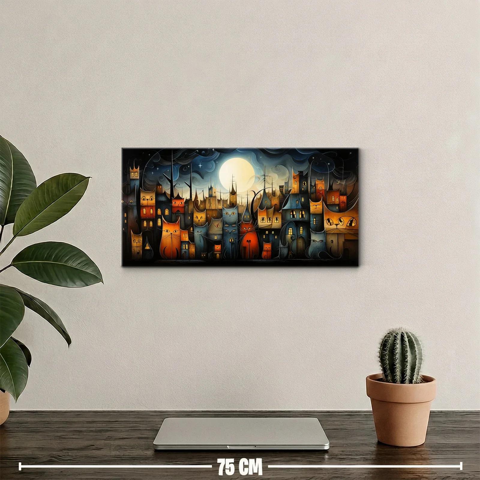 Cuadro pueblo nocturno fantástico con luna grande y gatos brillantes — miniatura 2