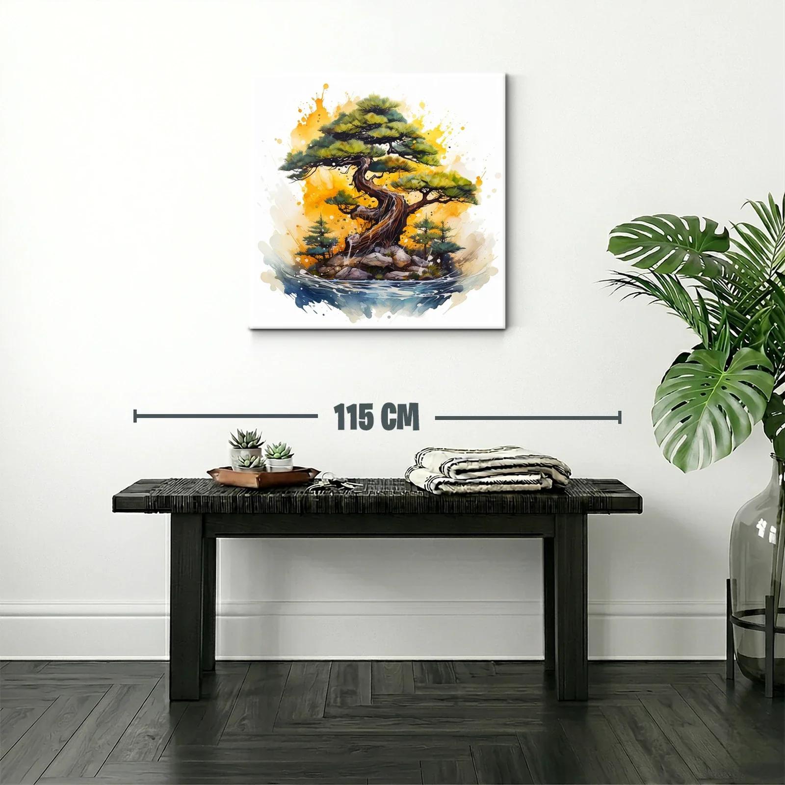Árbol bonsái con paisaje vibrante y acuarela expresiva — miniatura 2