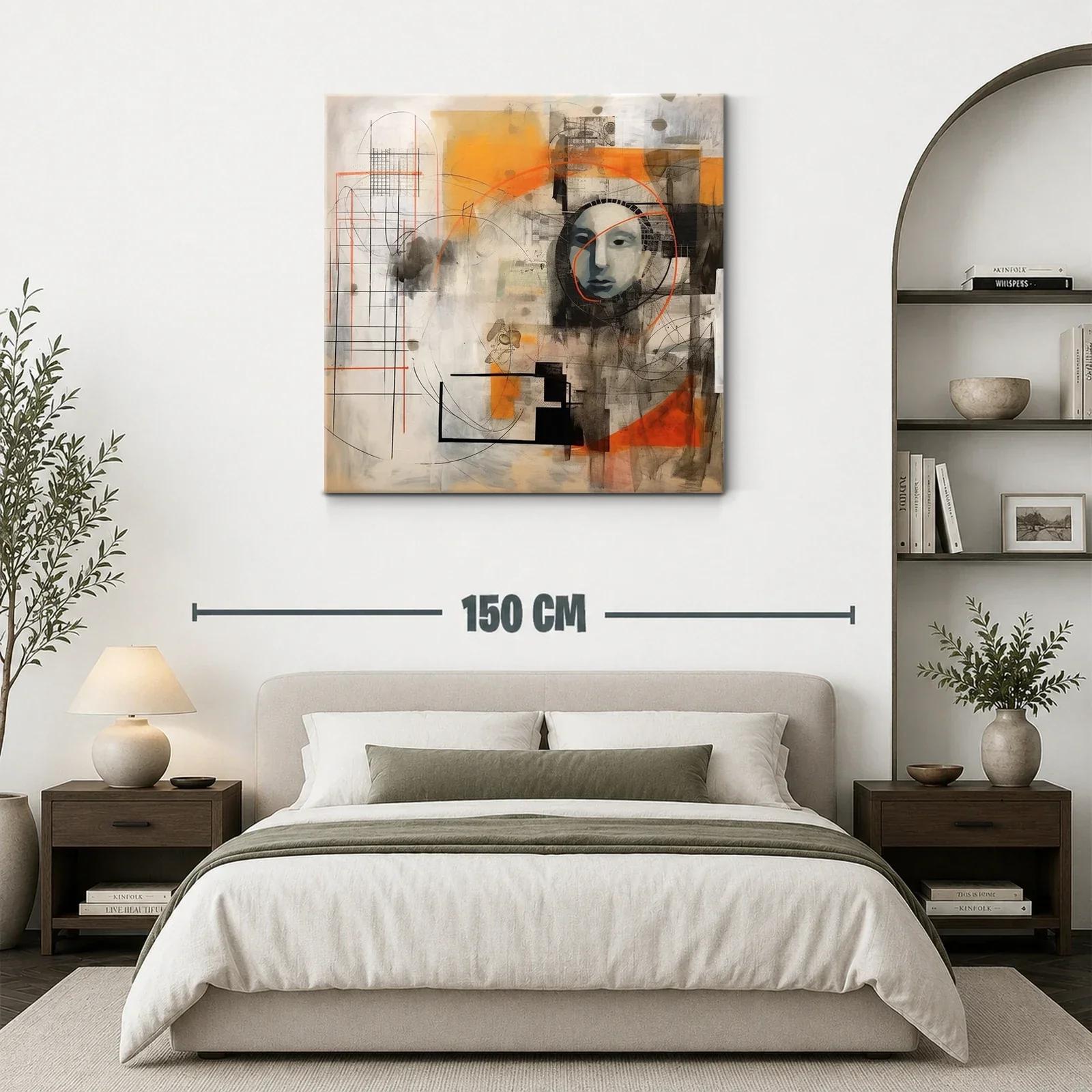Cuadro abstracto con rostro y formas geométricas naranja y negro — miniatura 3