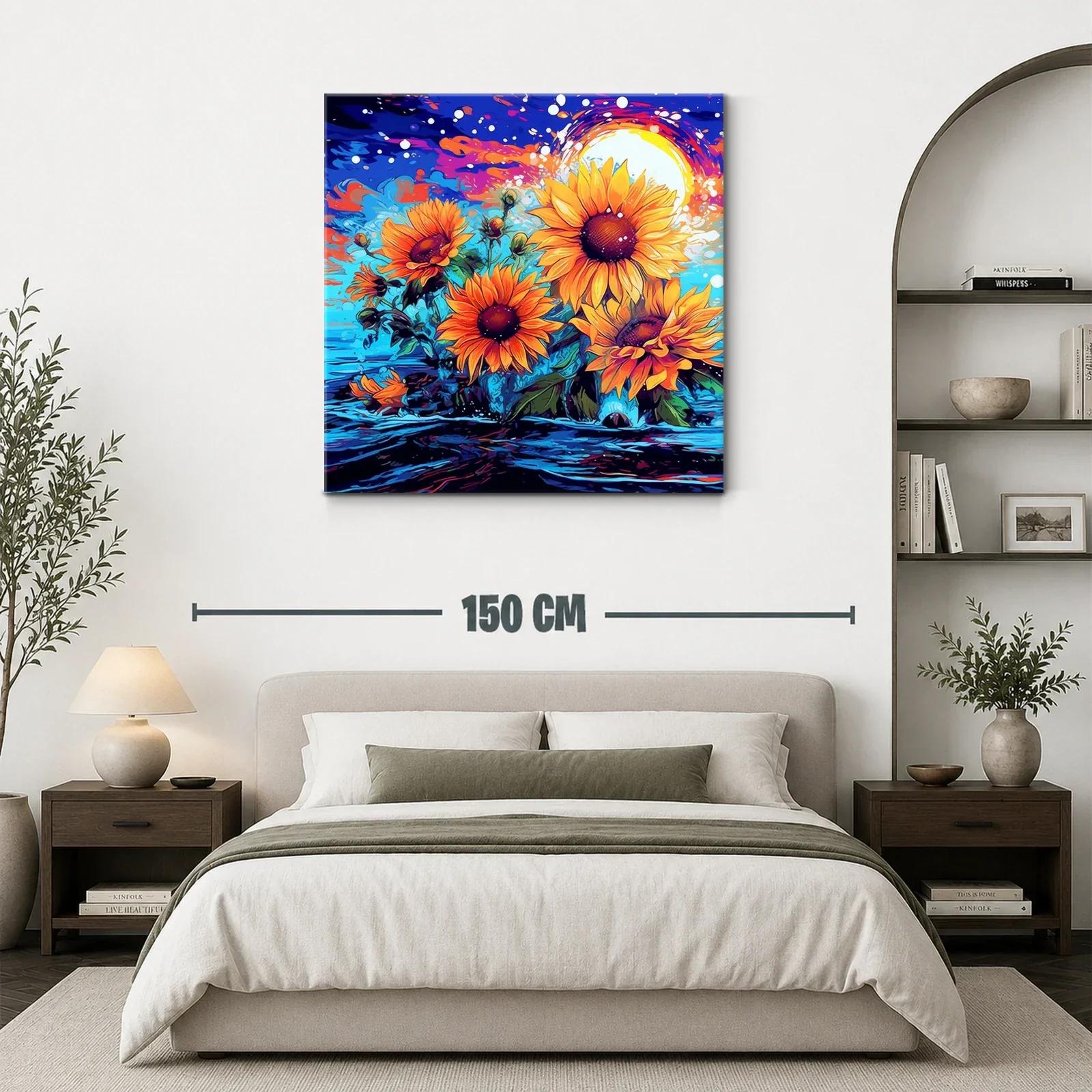 Cuadro vibrante de girasoles con fondo azul y naranja — miniatura 3