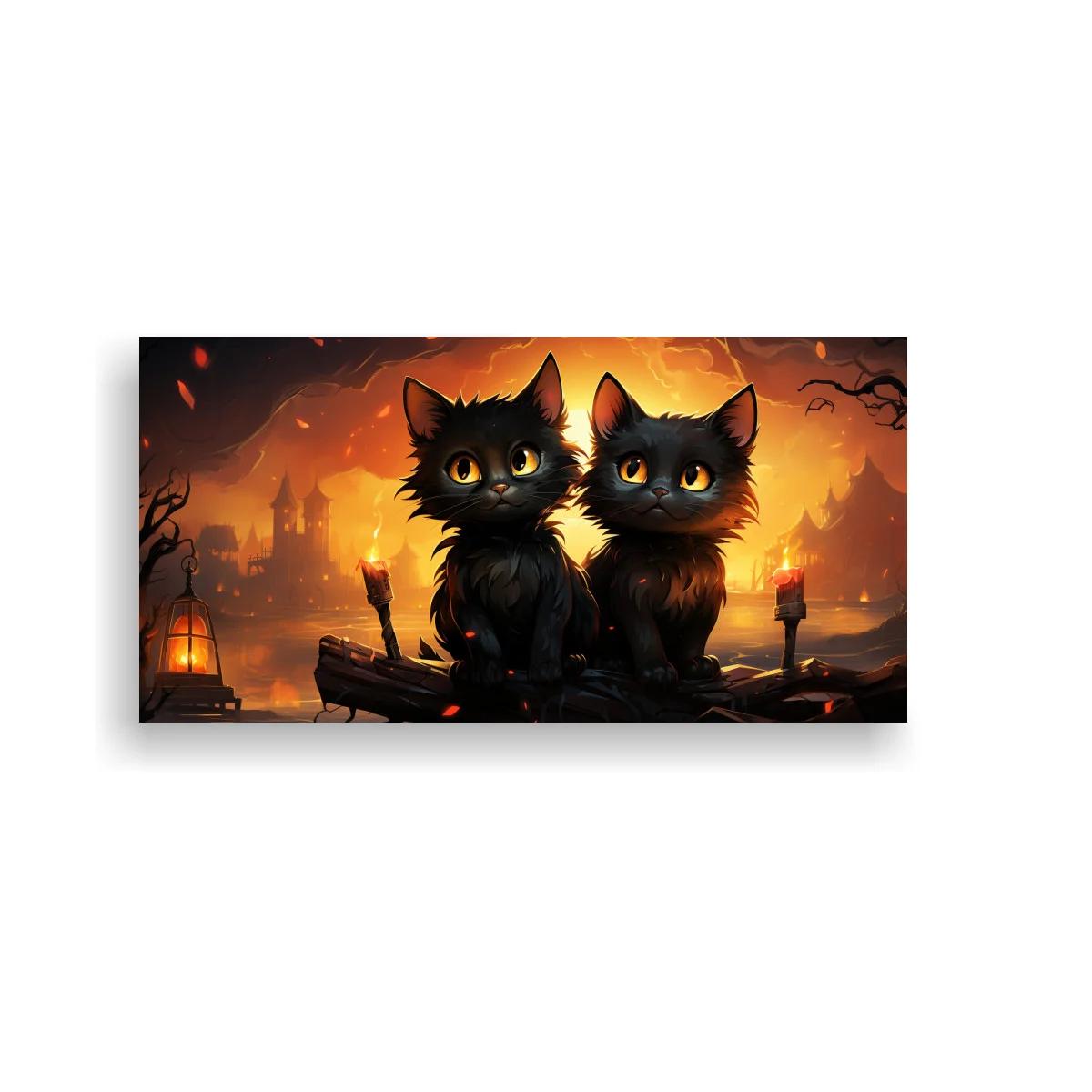 Cuadro dos gatos negros con antorchas y brillo nocturno — imagen principal