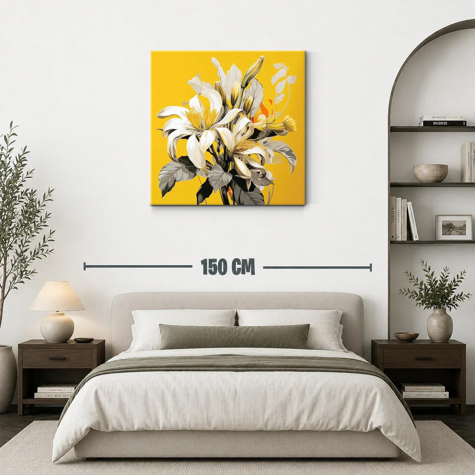 Cuadro floral con lirios blancos sobre fondo amarillo vibrante — miniatura 3
