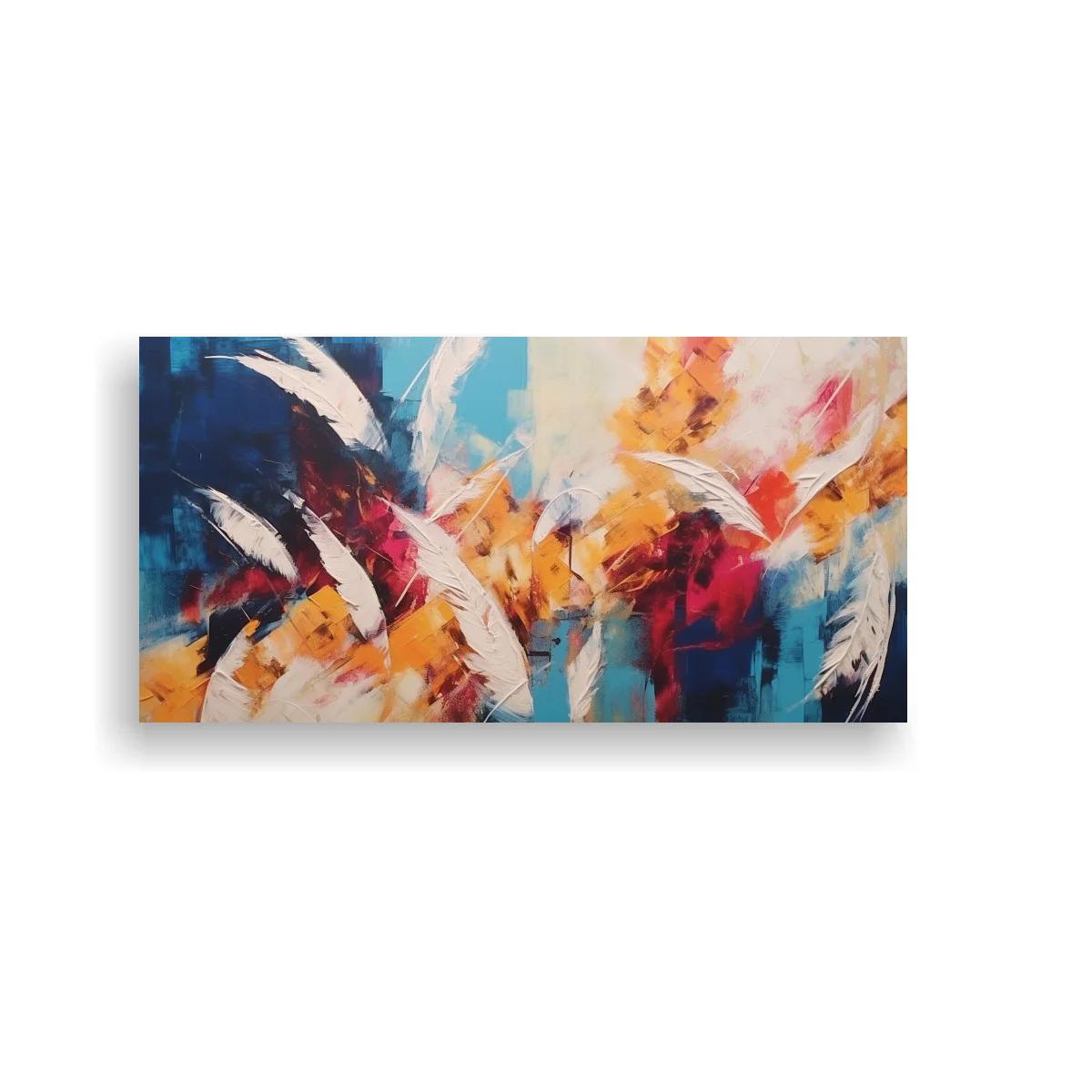 Cuadro plumas blancas con pinceladas en azul naranja y carmesí — imagen principal
