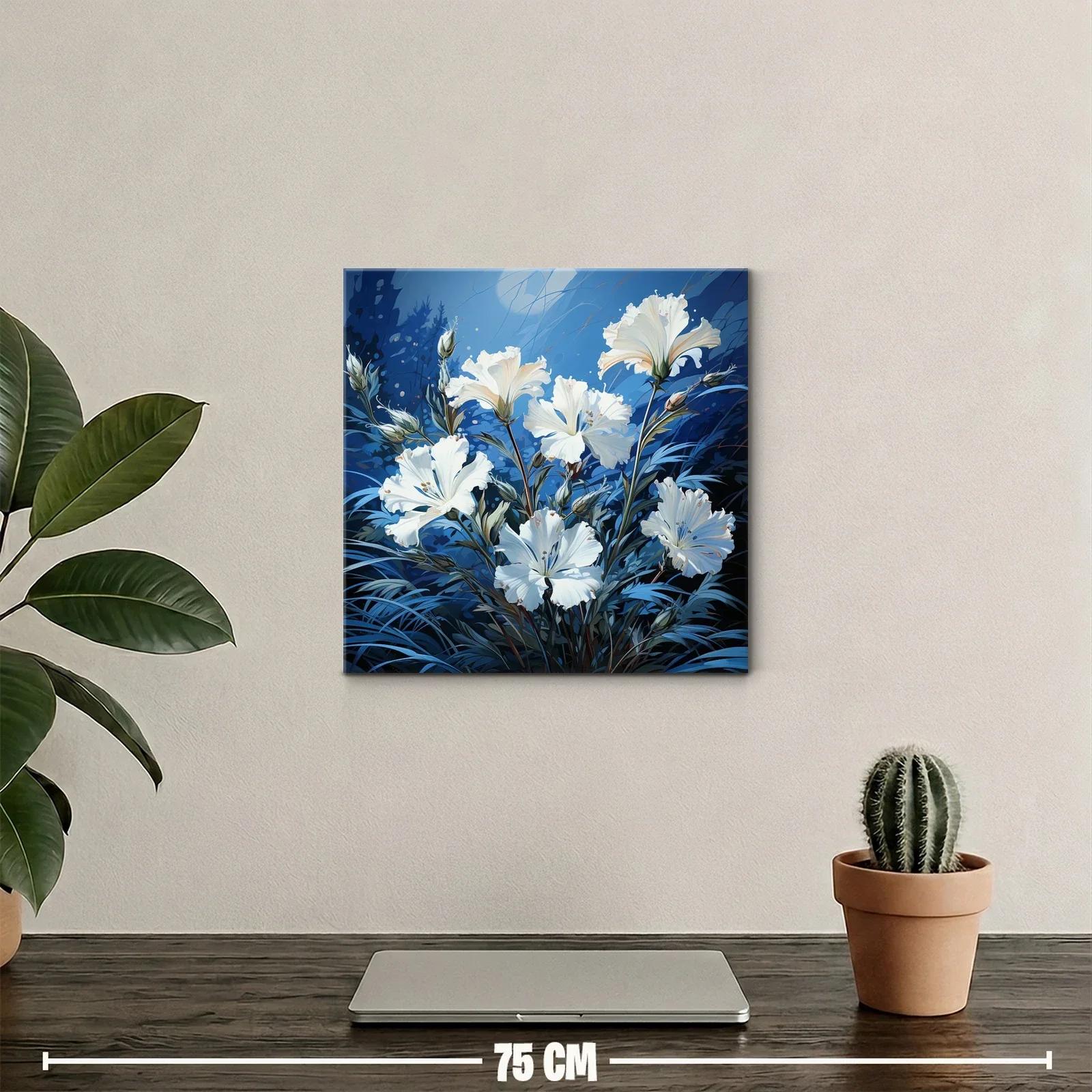 Cuadro con delicadas flores blancas sobre fondo azul — miniatura 2