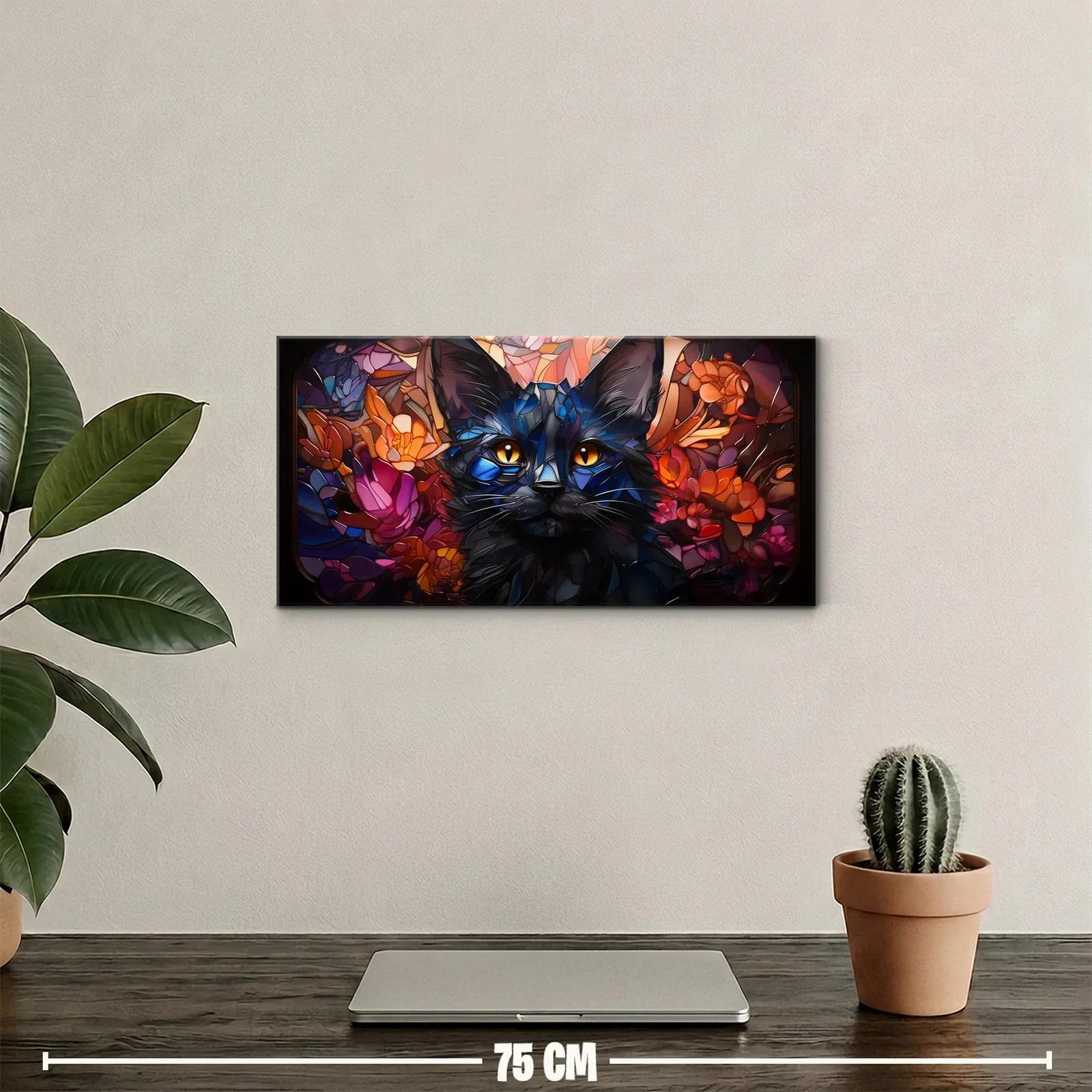 Cuadro gato negro de ojos azules con flores y follaje — miniatura 2