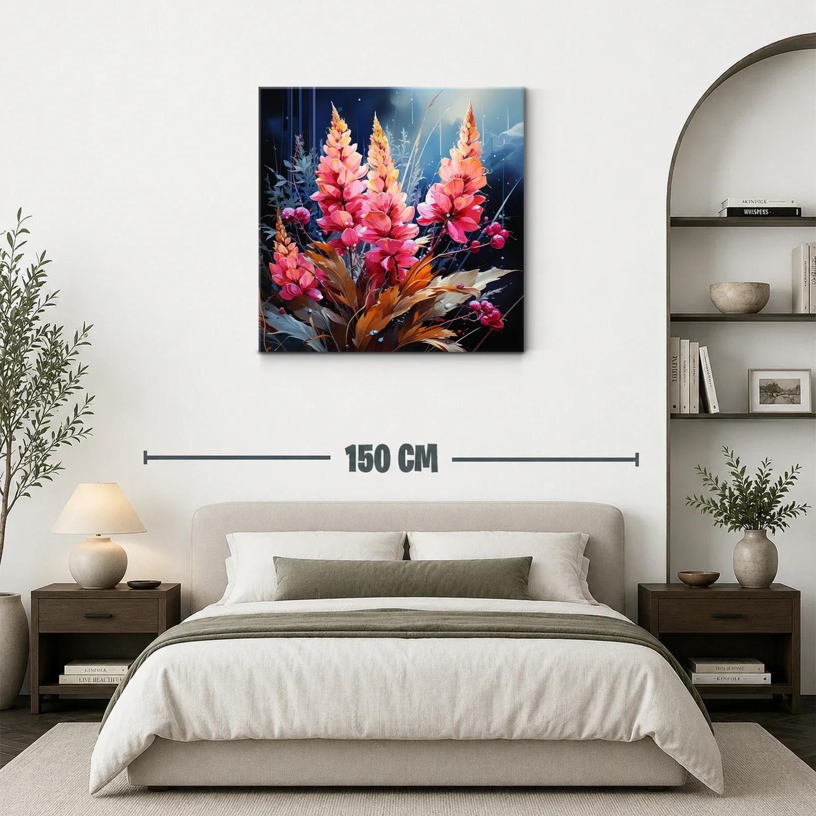Cuadro floral vibrante con tonos cálidos y azul profundo — miniatura 3