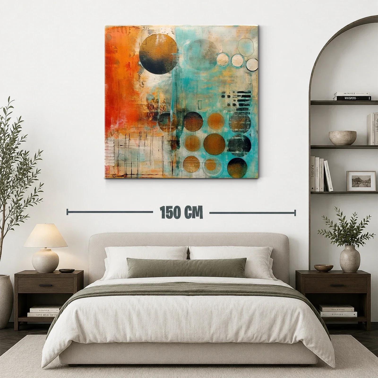 Cuadro abstracto con círculos en tonos cálidos y turquesa — miniatura 3