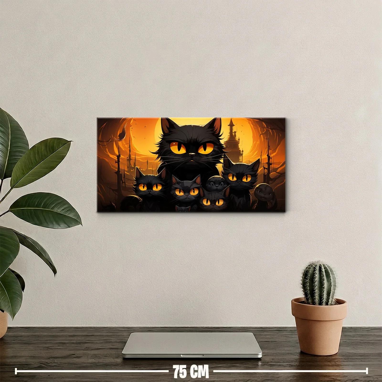 Cuadro grupo de gatos negros con luna y siluetas góticas — miniatura 2