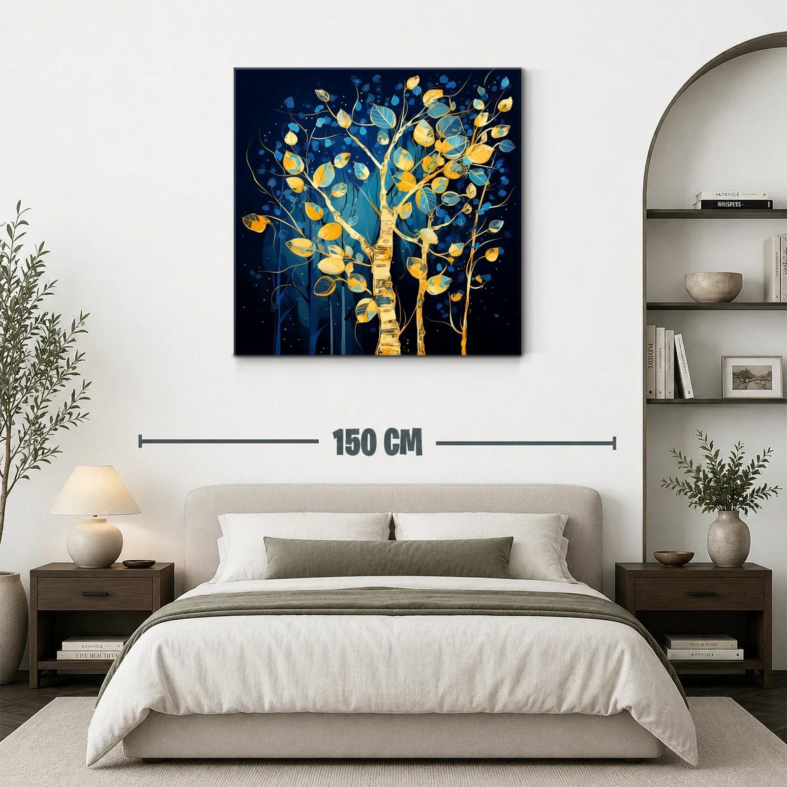 Árbol dorado con hojas azules y amarillas sobre fondo oscuro — miniatura 3
