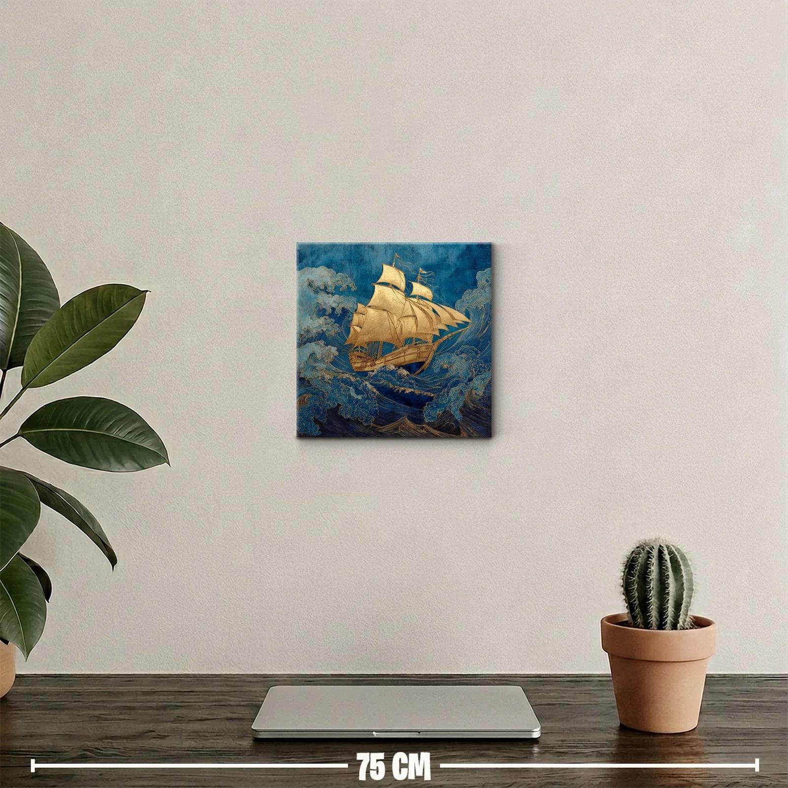 Barco dorado navegando entre olas en tonos azules — miniatura 2