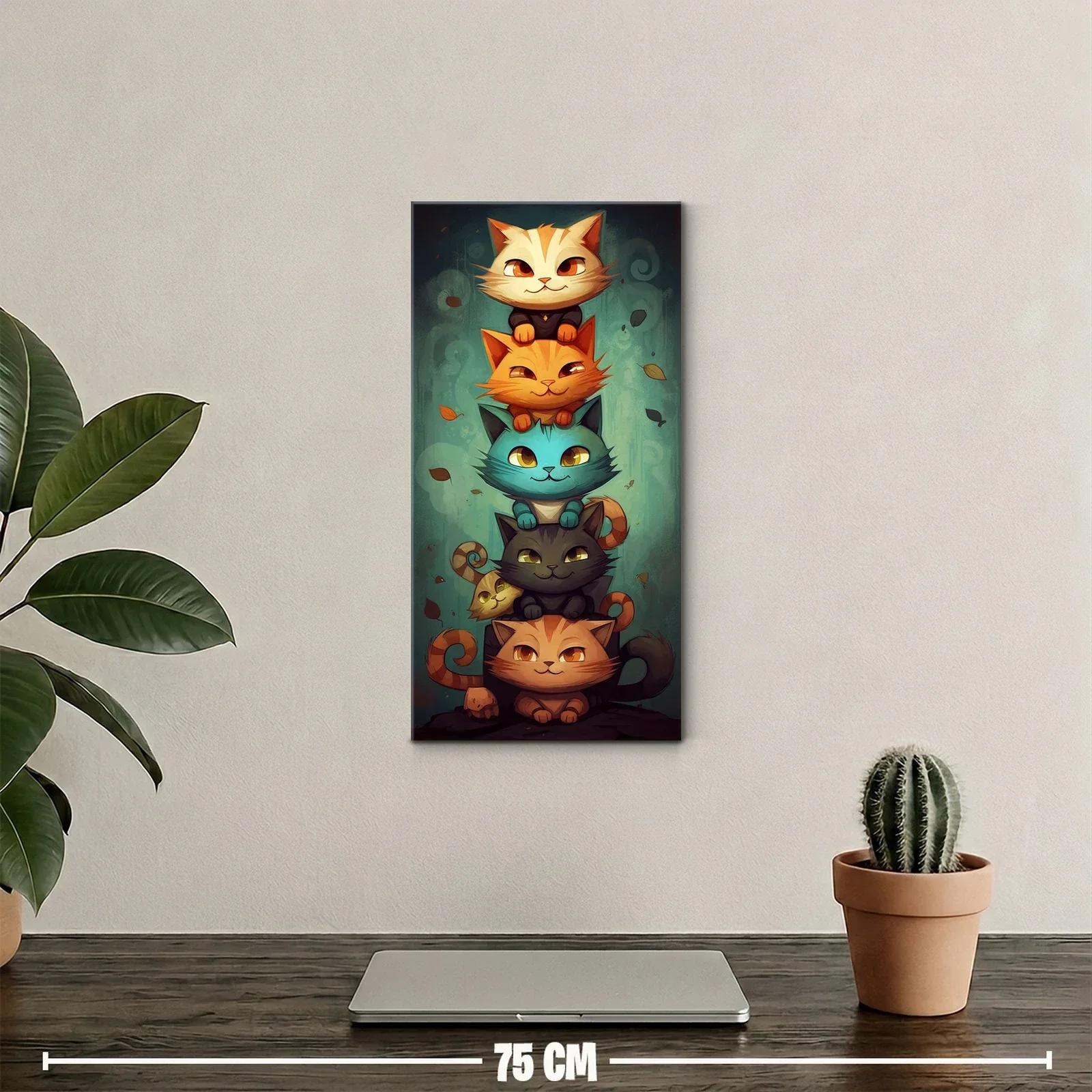 Cuadro torre de gatos con colas curvadas y fondo oscuro — miniatura 2