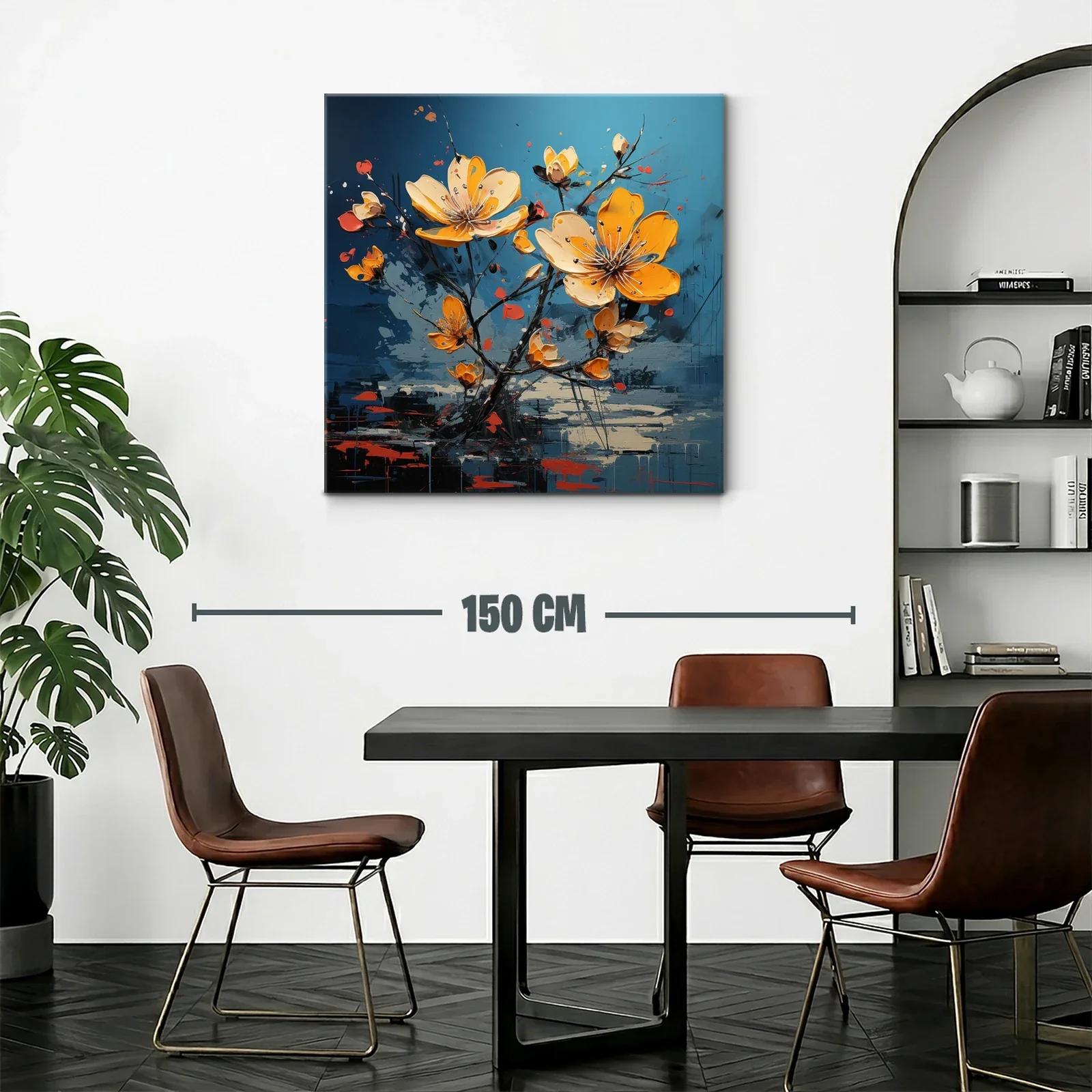 Cuadro floral en vibrantes tonos amarillos y fondo azul — miniatura 2