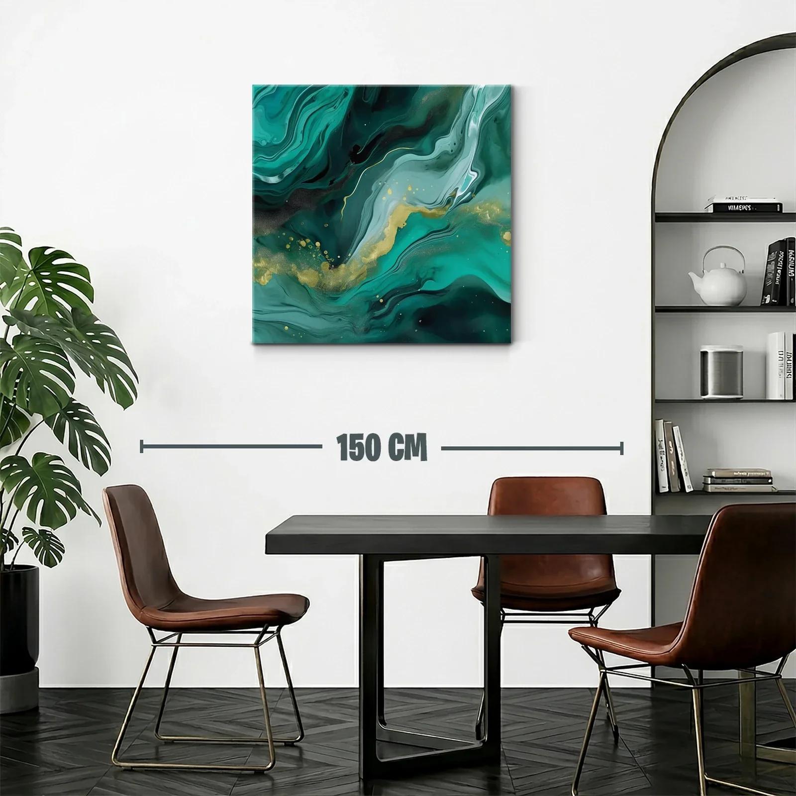 Cuadro abstracto en tonos verdes con detalles dorados — miniatura 2