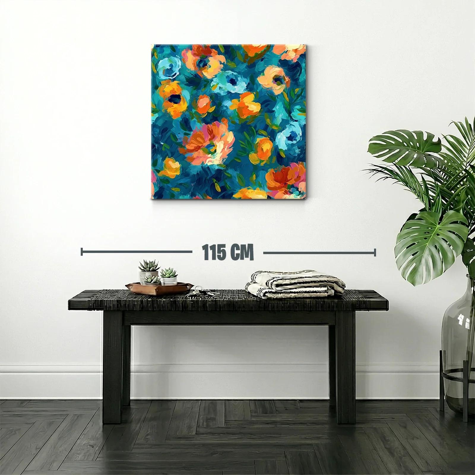 Cuadro floral vibrante con tonos azules y naranjas — miniatura 2