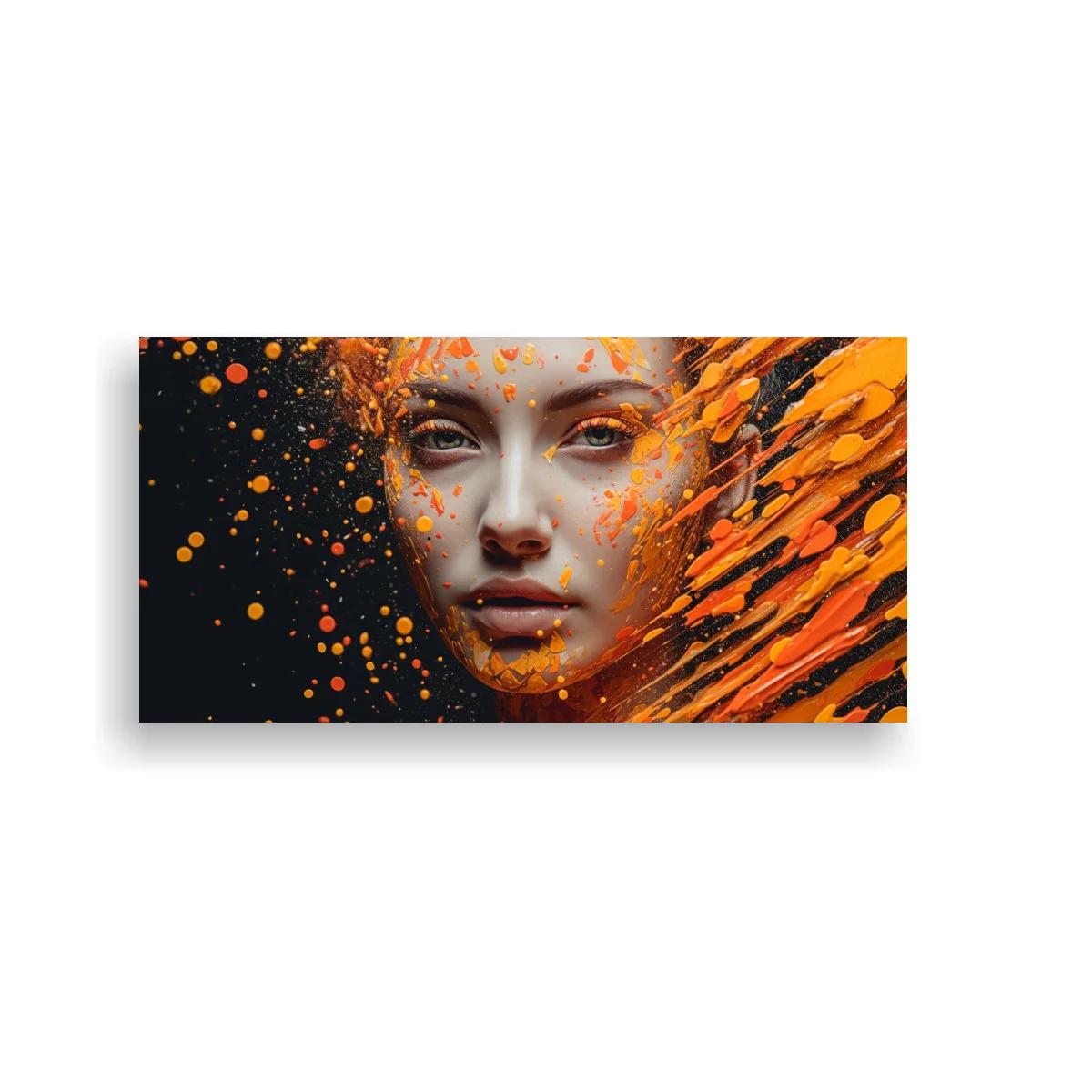 Cuadro rostro de mujer con salpicaduras naranjas — imagen principal