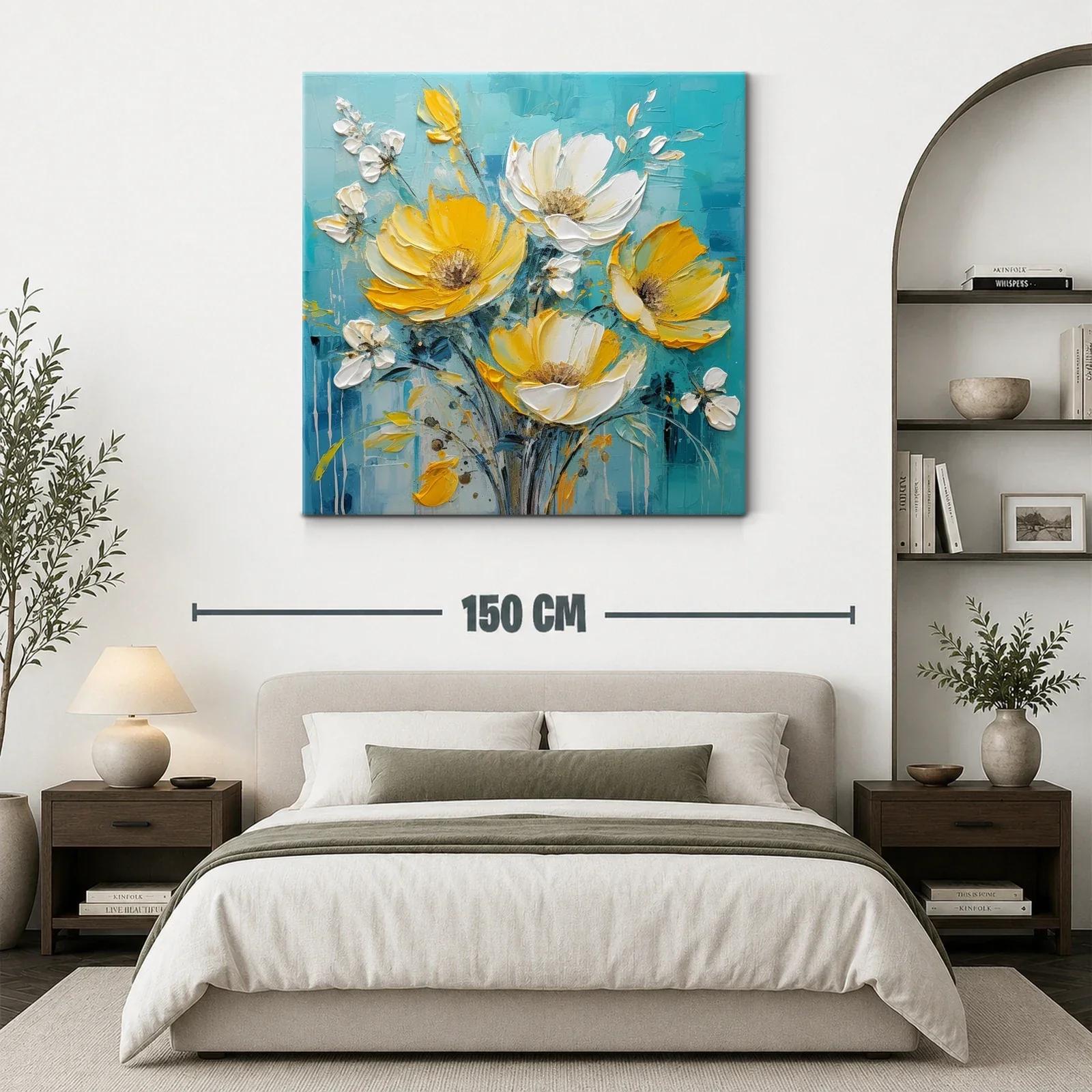 Ramo vibrante de flores amarillas y blancas sobre fondo azul — miniatura 3