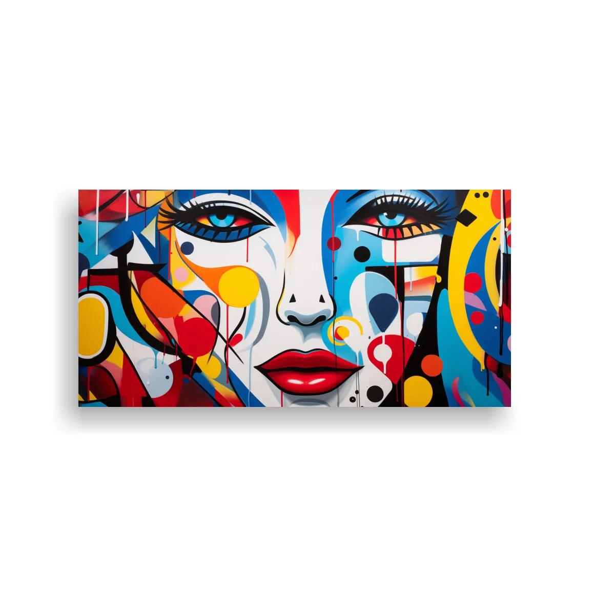 Cuadro rostro femenino con ojos azules y formas abstractas coloridas — imagen principal