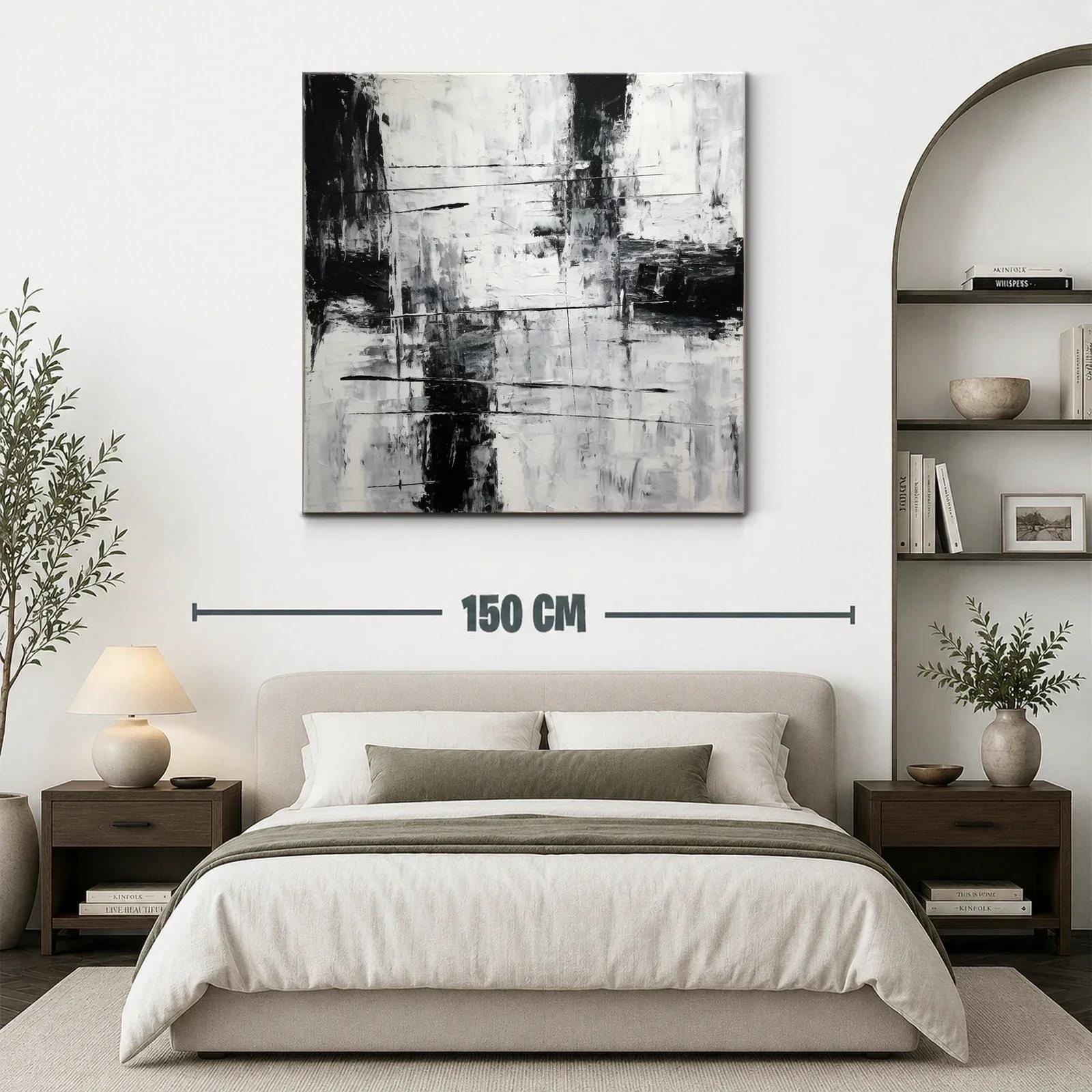 Cuadro abstracto en blanco y negro con textura y líneas dinámicas — miniatura 3