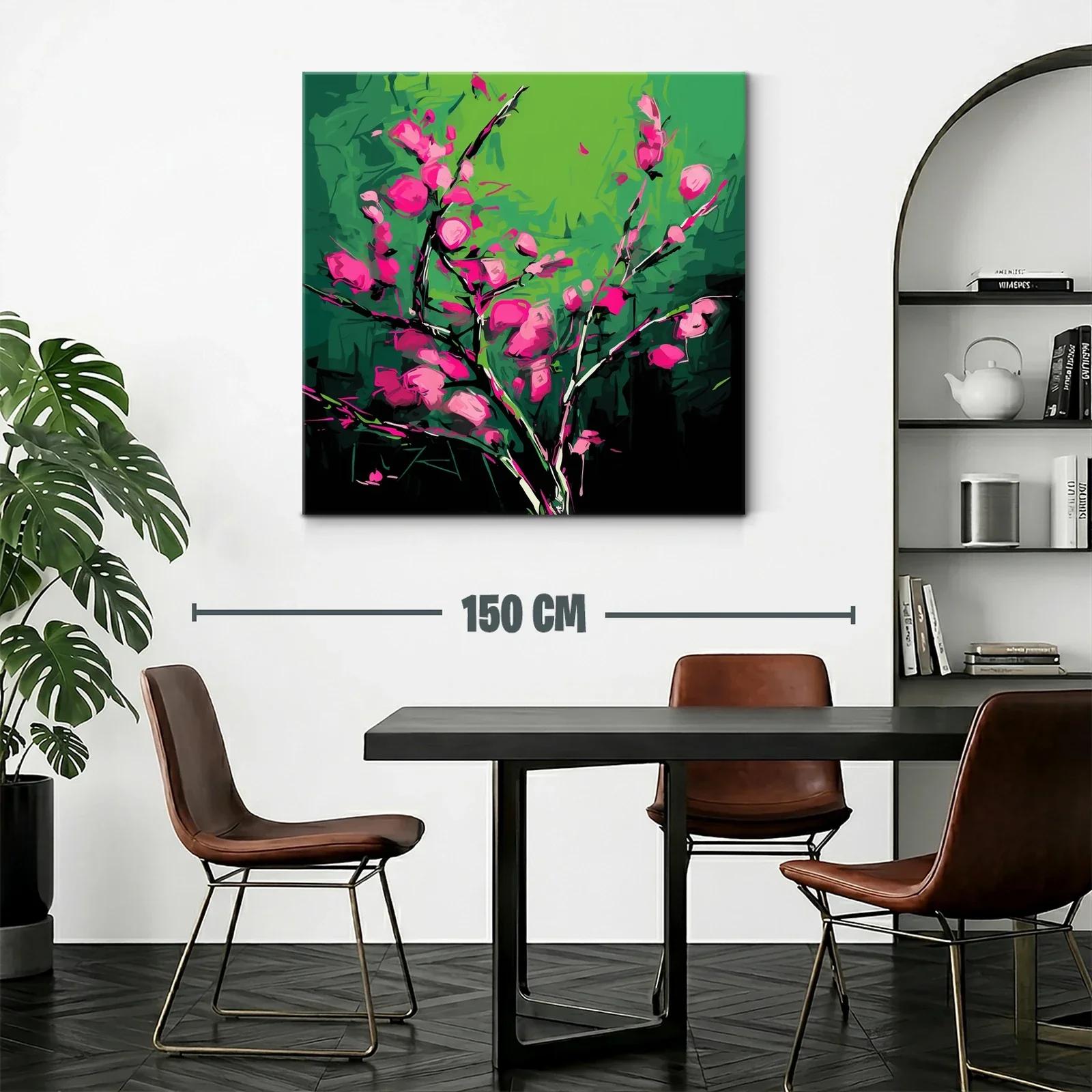 Cuadro vibrante con flores fucsias sobre fondo verde — miniatura 2
