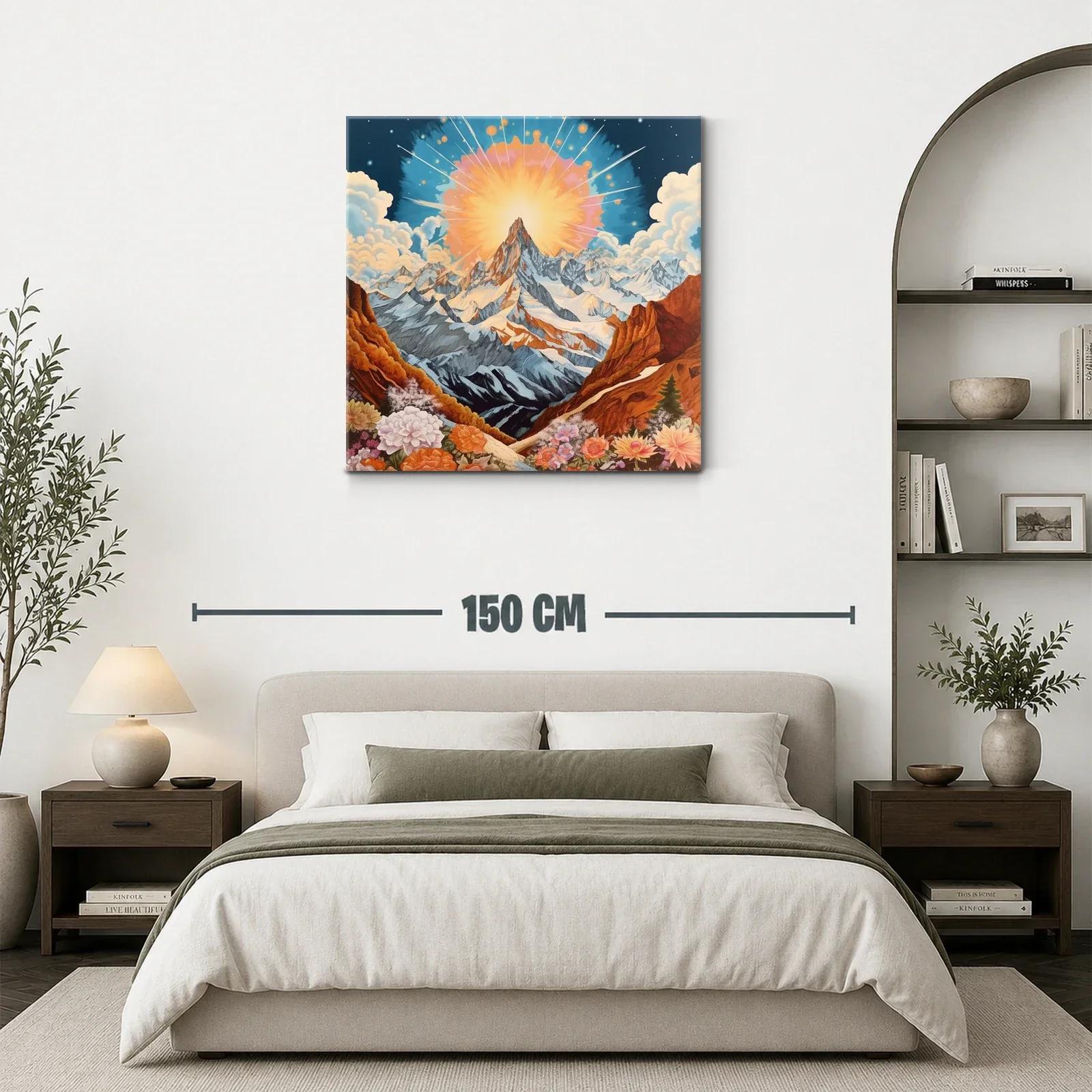 Montaña majestuosa con sol radiante y flores vibrantes — miniatura 3