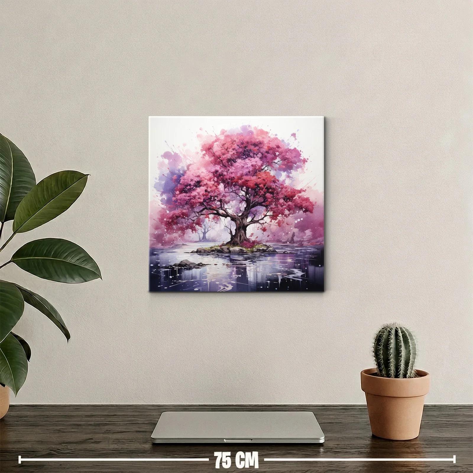 Árbol rosa vibrante sobre isla en lago sereno — miniatura 2