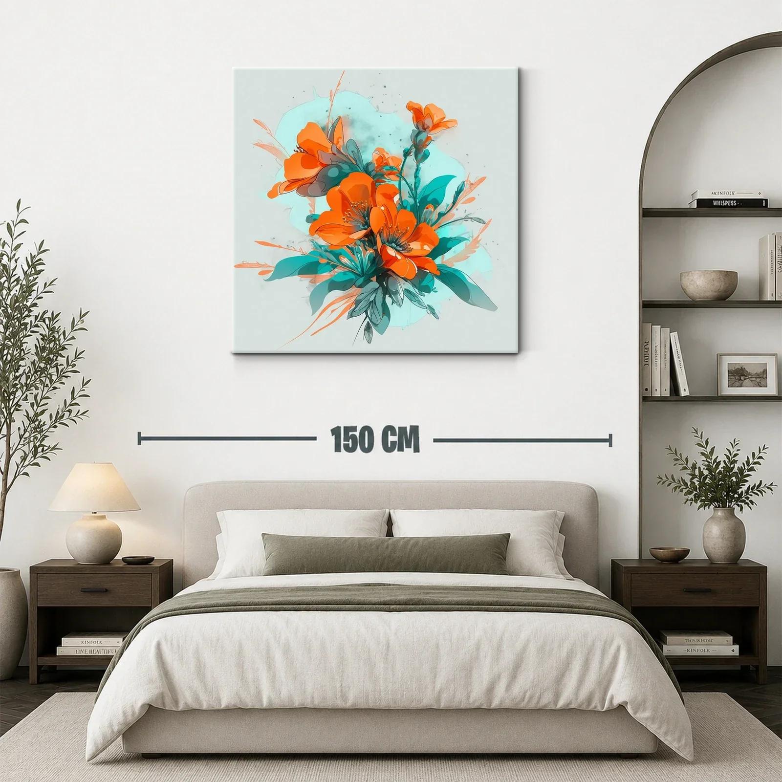 Cuadro floral con vibrante combinación de naranjas y turquesas — miniatura 3