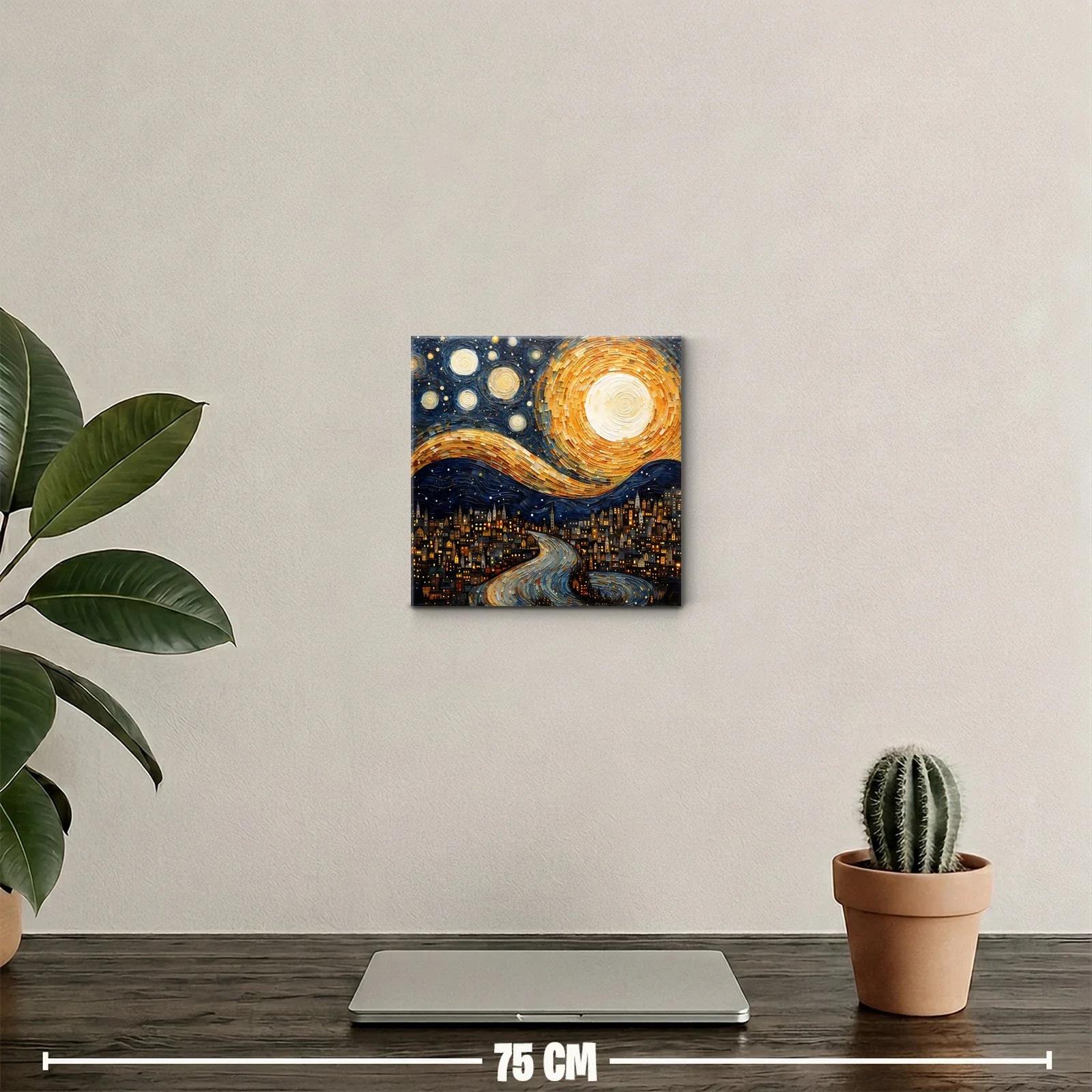 Paisaje nocturno con luna y estrellas sobre ciudad iluminada — miniatura 2