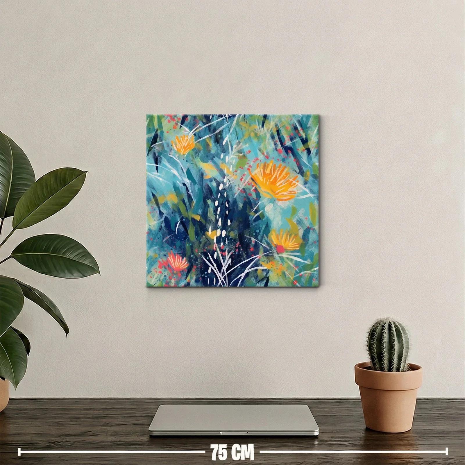 Cuadro abstracto floral en tonos azules y naranjas vivos — miniatura 2