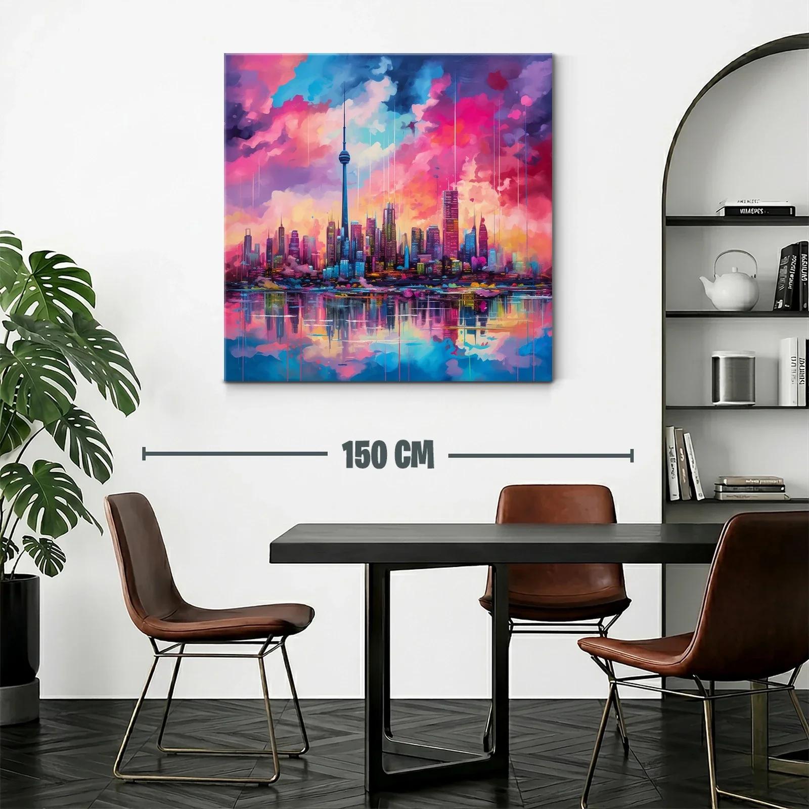 Atardecer vibrante sobre ciudad moderna y reflejos en agua — miniatura 2