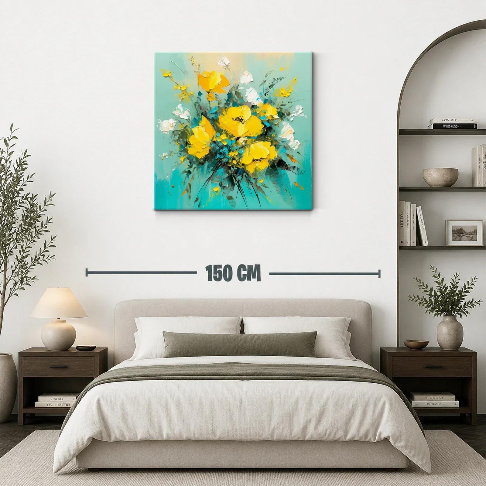 Cuadro moderno con ramo de flores amarillas y fondo turquesa — miniatura 3