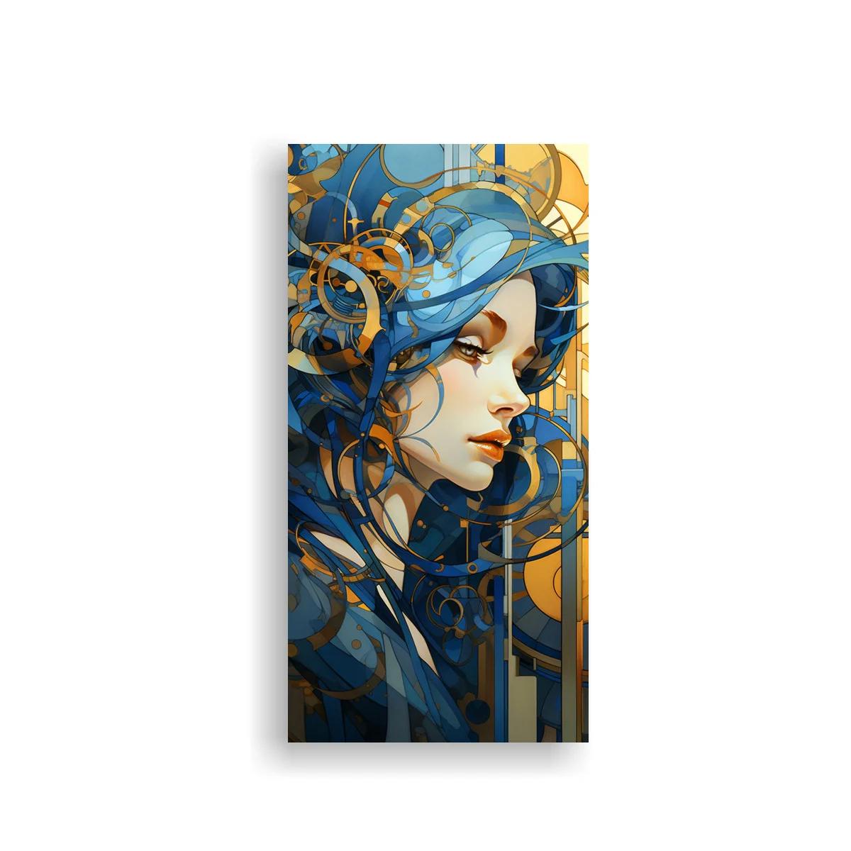 Cuadro rostro de mujer con cabello azul y anillos dorados — imagen principal