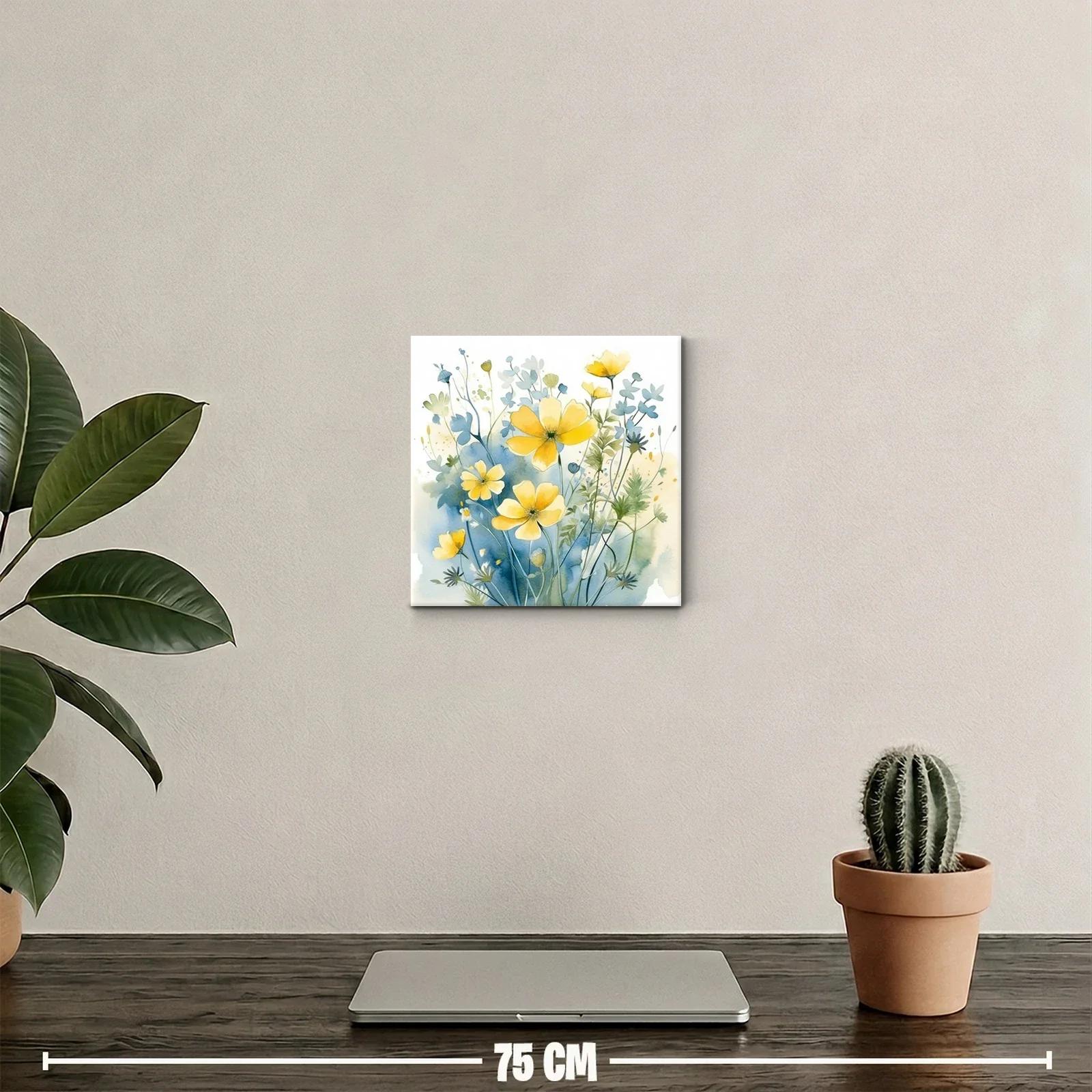 Cuadro floral con flores amarillas sobre fondo azul suave — miniatura 2