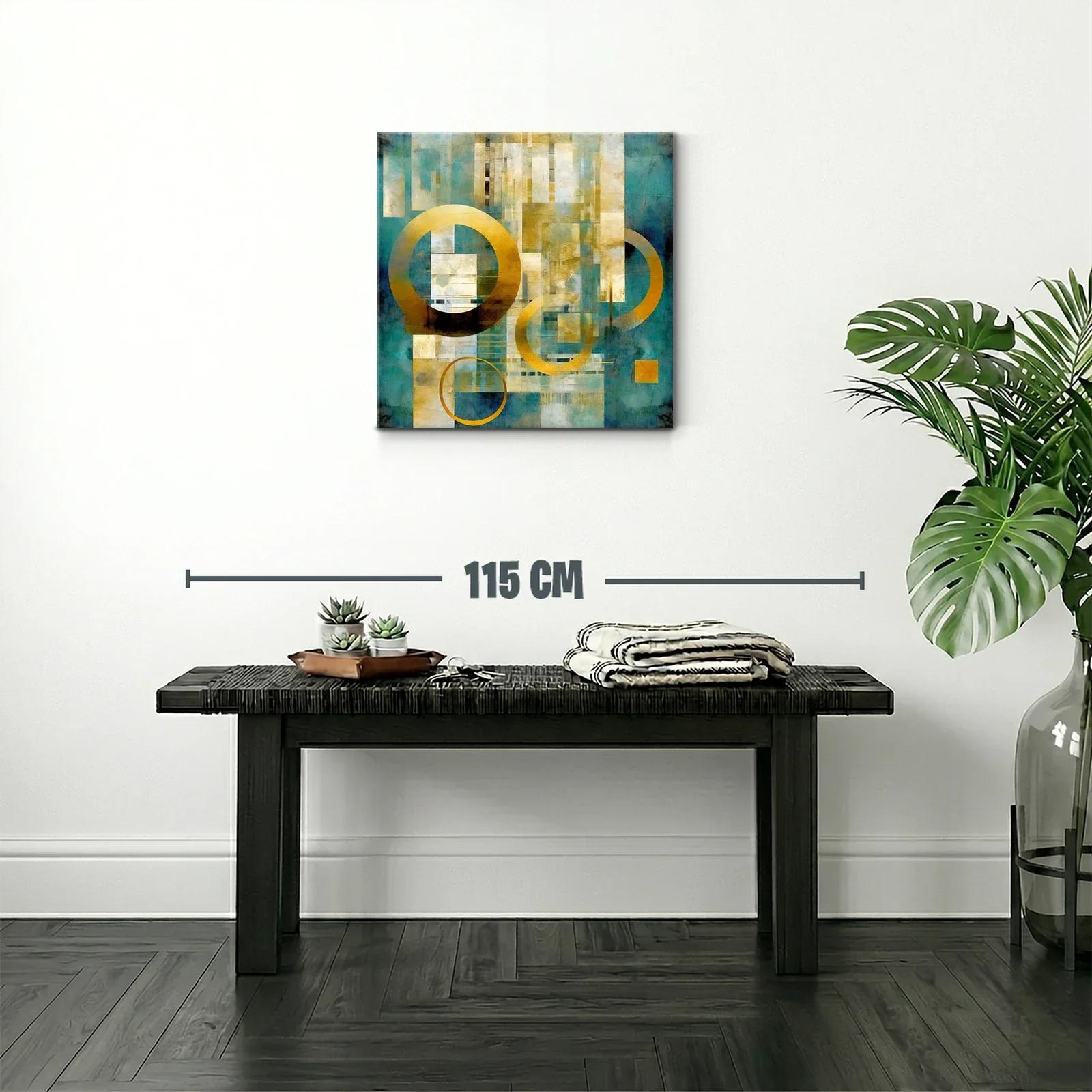 Cuadro abstracto moderno en tonos dorados y turquesa — miniatura 2