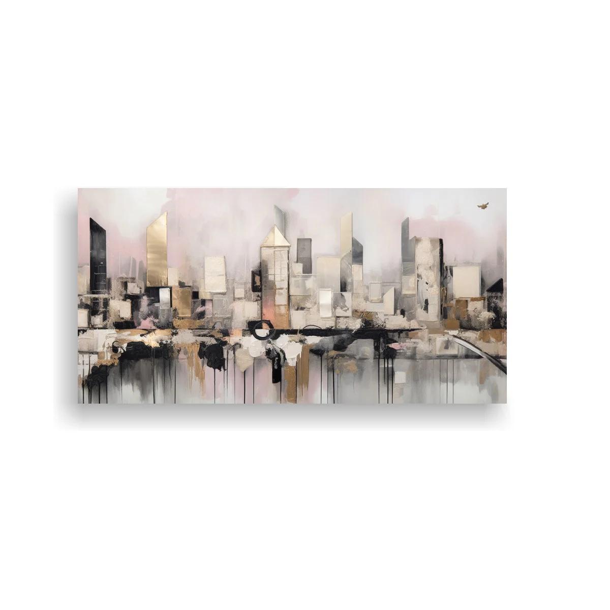 Cuadro skyline urbano abstracto con reflejos alargados — imagen principal