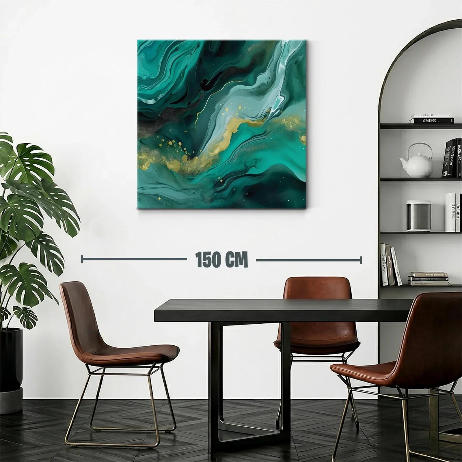 Cuadro abstracto en tonos verdes con detalles dorados — miniatura 2