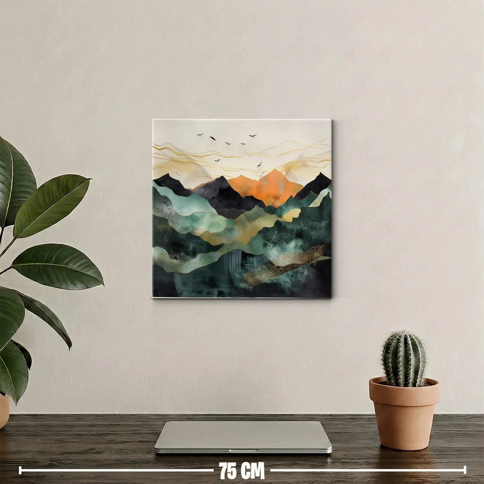 Paisaje abstracto con montañas y aves en tonos cálidos — miniatura 2